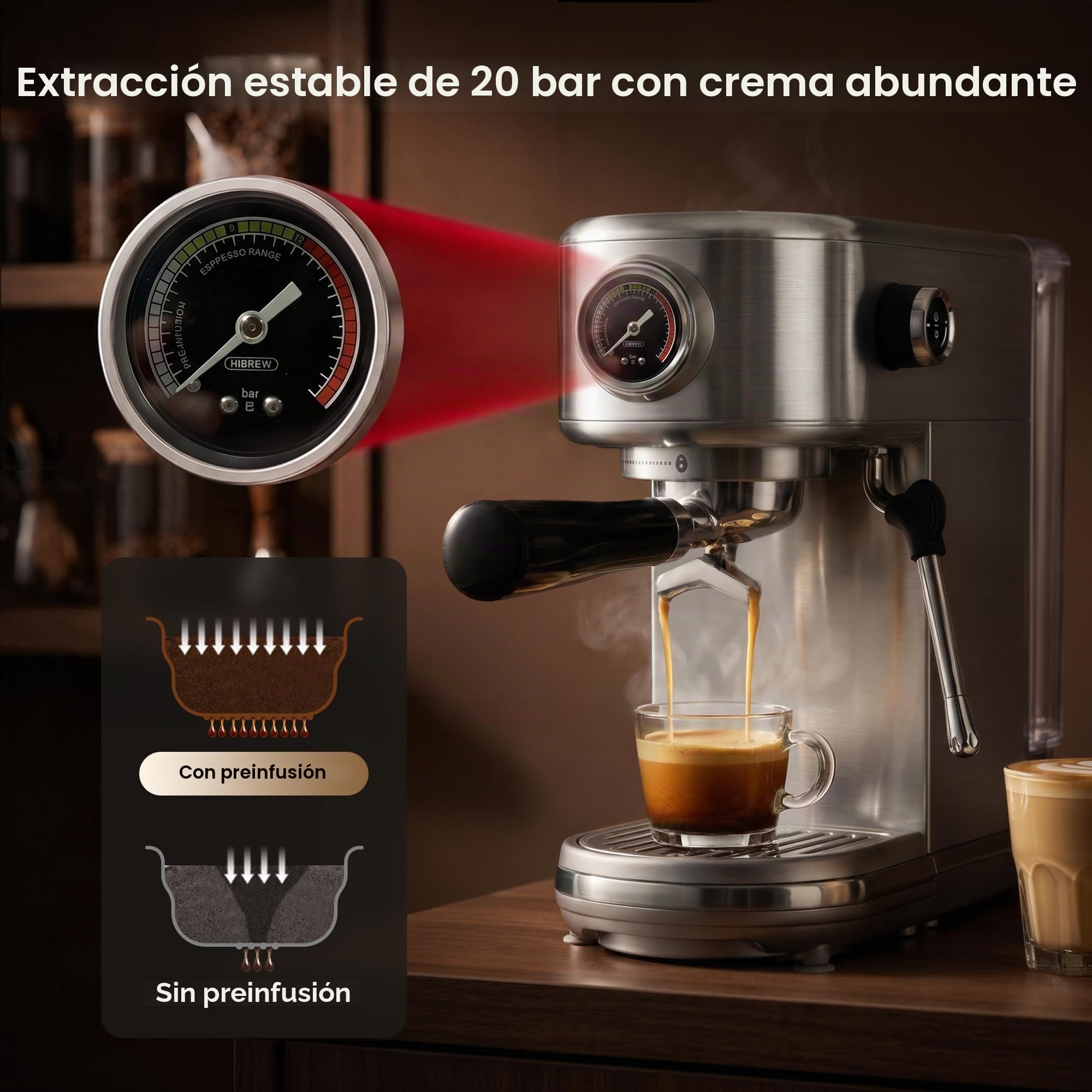 HIBREW H10B Máquina de Espresso Programable con Pantalla LED y Manómetro | Cafetera Compacta de Acero Inoxidable 20 Bar con Espumador de Leche, Portafiltro 51mm para Capuchino y Latte