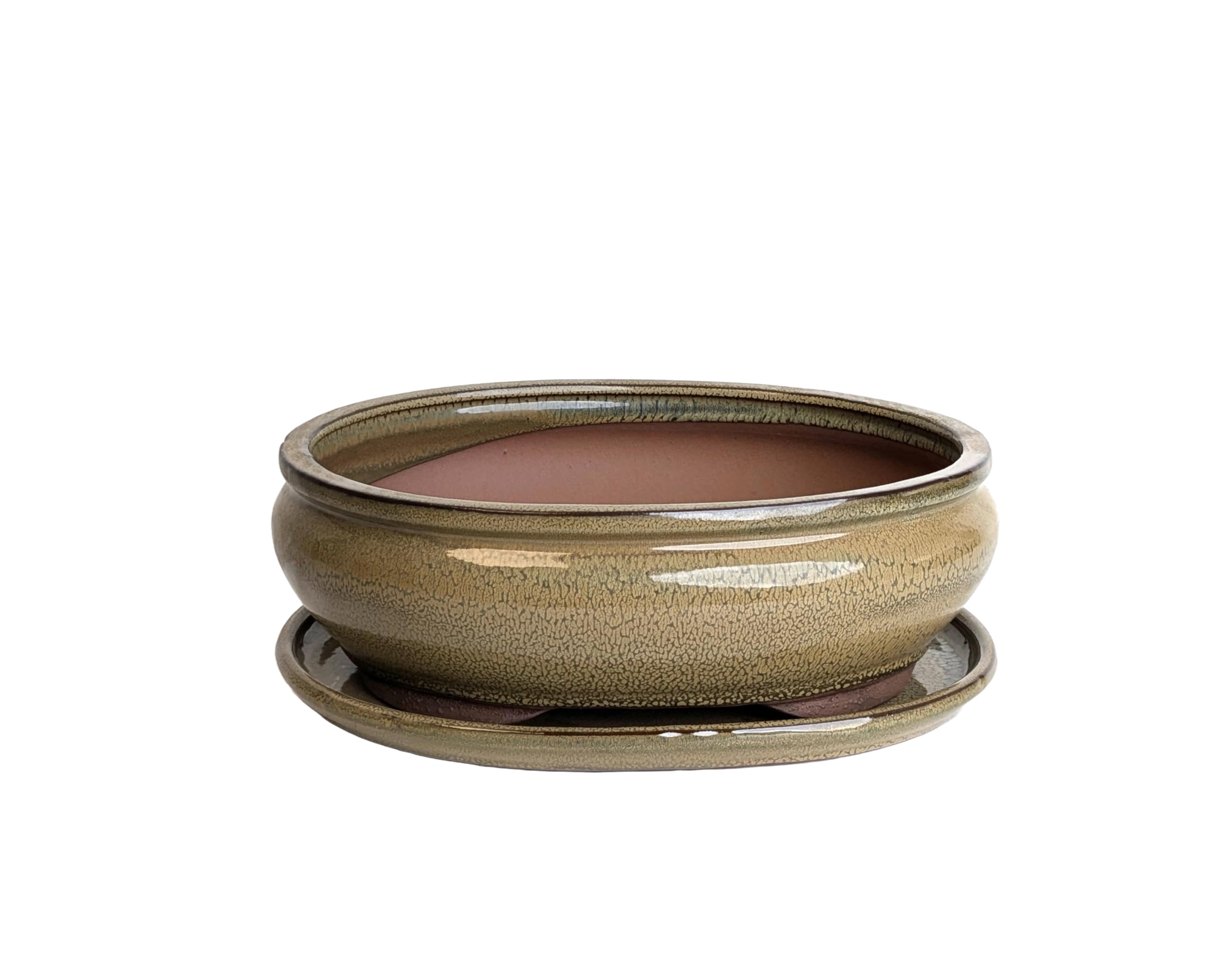 Glazed Ceramic Bonsai Pots with Matching Drip Trays (Olive Green, 30cm)