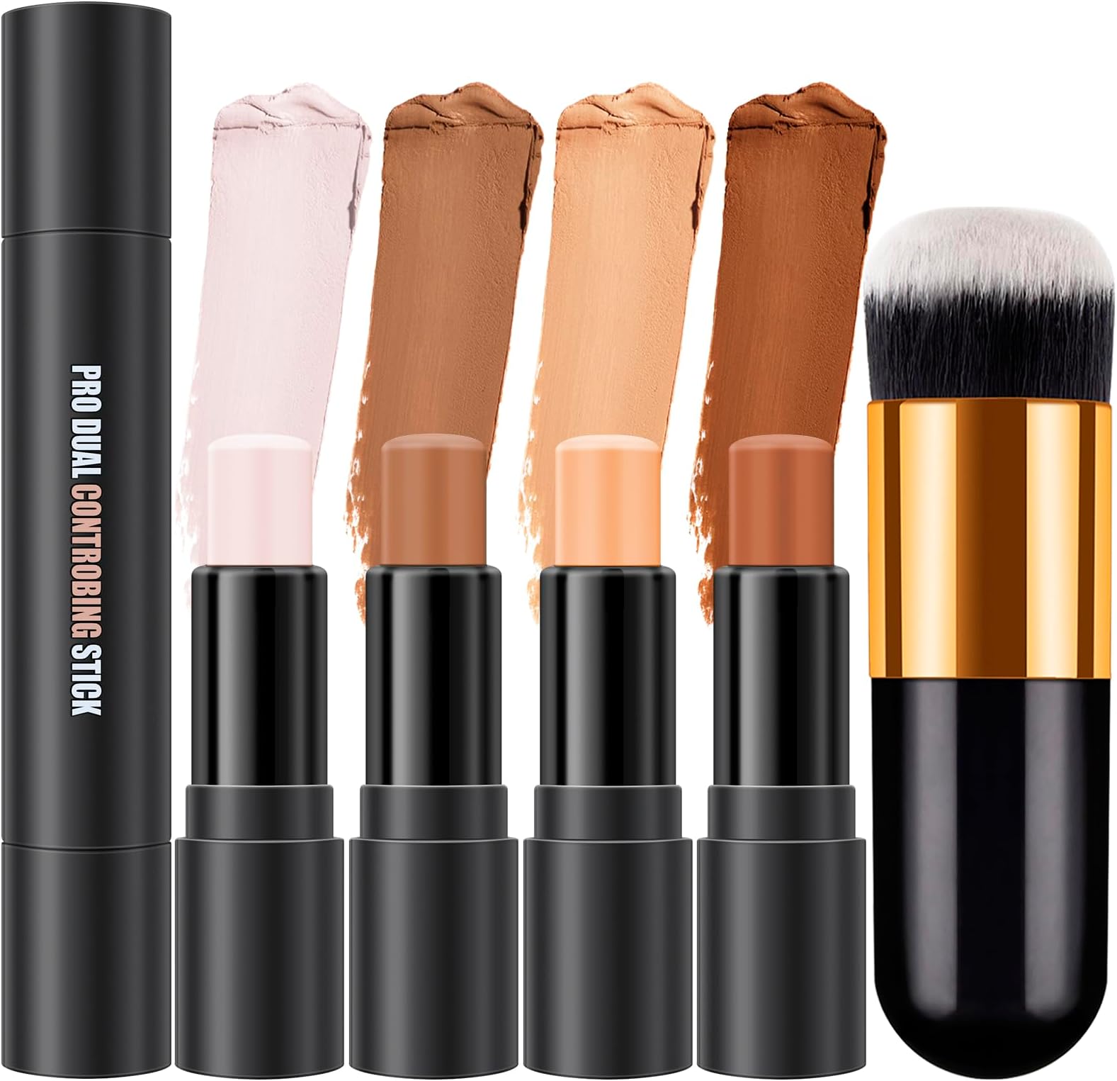 2Pcs Cream Contour Stick Makeup Set, 2 in 1 Multi-use Dual-end Beauty Wand with Contour and Highlighter Stick for Brightening and Sculpt the Face, LONGWEAR, WATERPROOF, Brush Include (01#+03#)