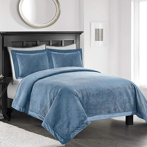 Simple&Opulence Juego de colcha de terciopelo lujoso con microfibra cepillada, 3 piezas, patrón de lujo, suave y sólido (azul antiguo, King)