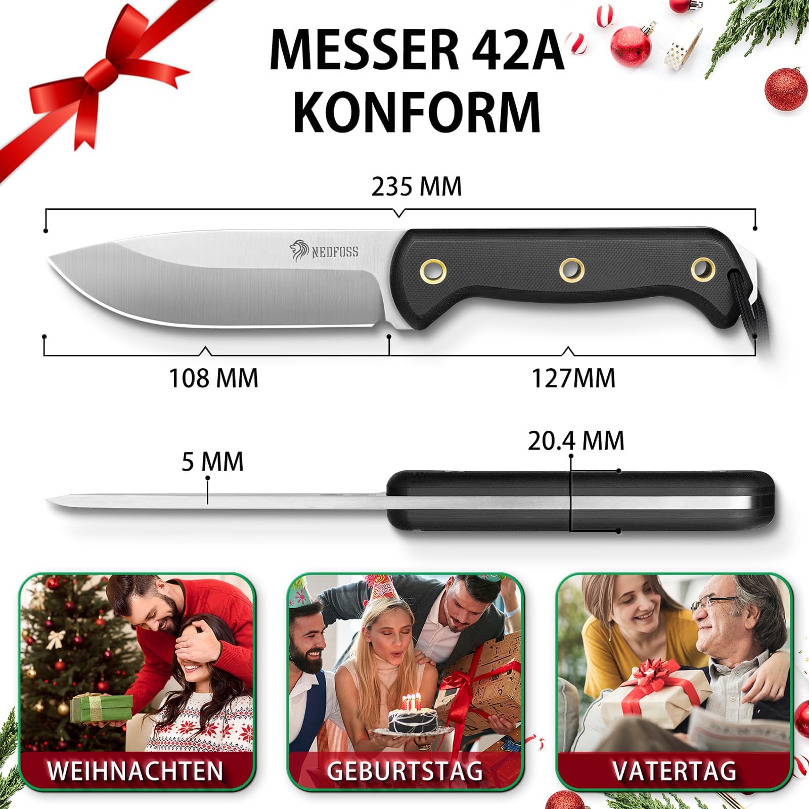 NedFoss SEAL cuchillo supervivencia, cuchillo bushcraft,cuchillo de caza,cuchillo camping,Hoja fija afilada para exteriores, full tang, acampada supervivencia