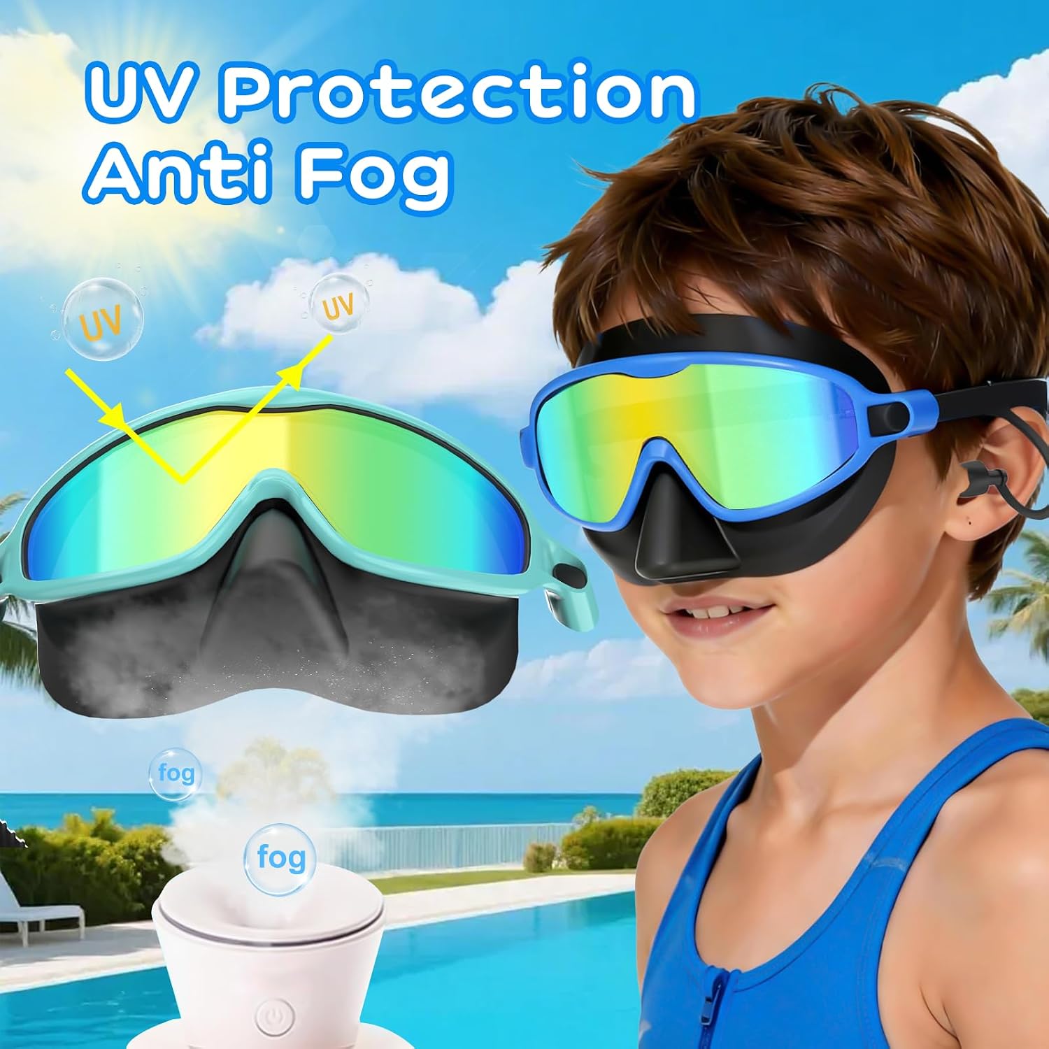 Kids Swim Goggles with Nose Cover for 3-12, 2 Pack Anti Fog/UV Swimming Goggles Mask for Boys Girls Toddler