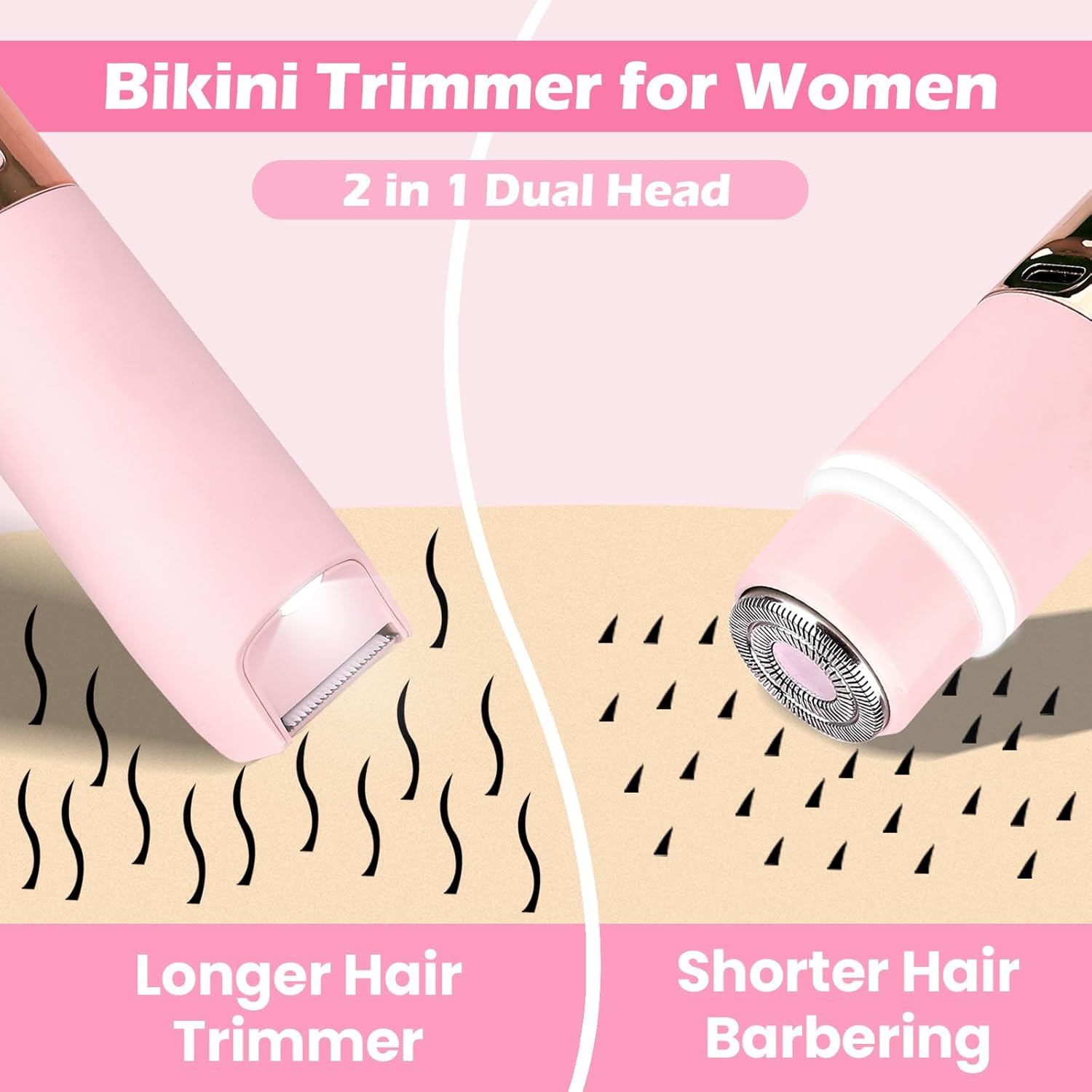 Electric Bikini Trimmer for Women, Electric Razors for Women Glow Aura Womens Shaver, Quiet Dual Head Waterproof Cordless Rechargeable Painless Trimmer for Underarms, Legs, Body (Pink) - Image 2
