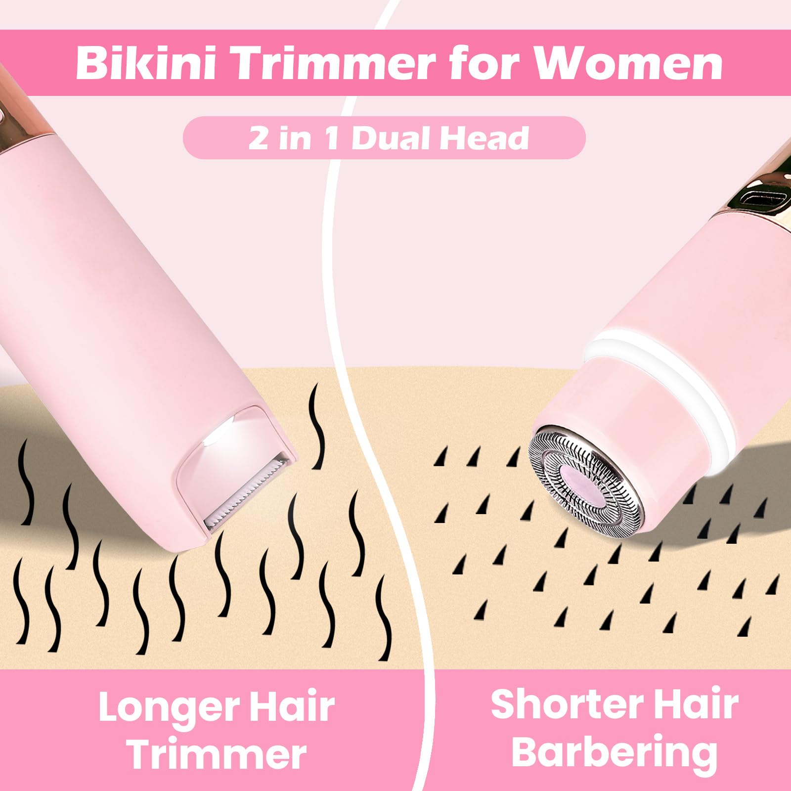 Glow Aura - Recortadora de bikini para mujer, afeitadora silenciosa de doble cabeza, impermeable, recargable, sin dolor para axilas, piernas, cuerpo (rosa) 2