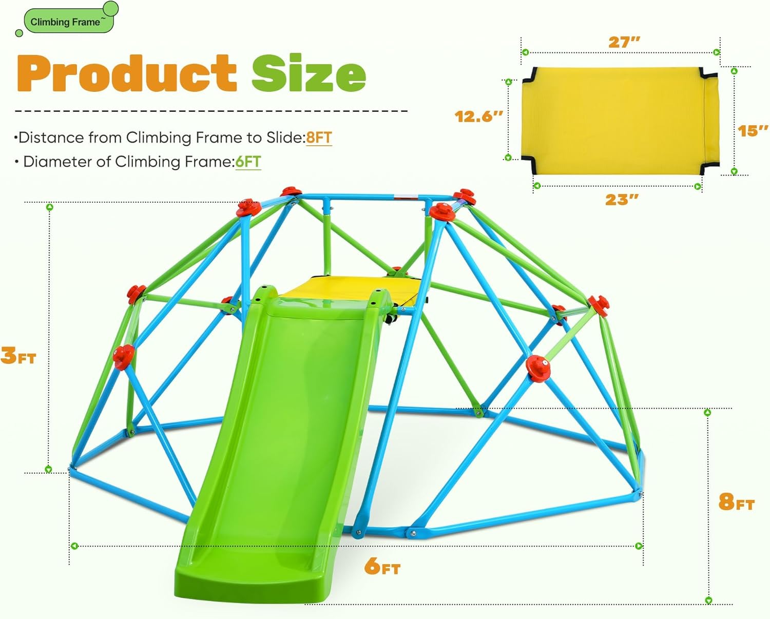 Zupapa Climbing Dome with Slide Max Load 440Lbs, 8FT Jungle Gym Monkey Bar for Backyard, 2 in 1 Outdoor Climbing Frame Toys for Toddlers Playground Set, Geometric Dome Climber for Kids Age 3-8