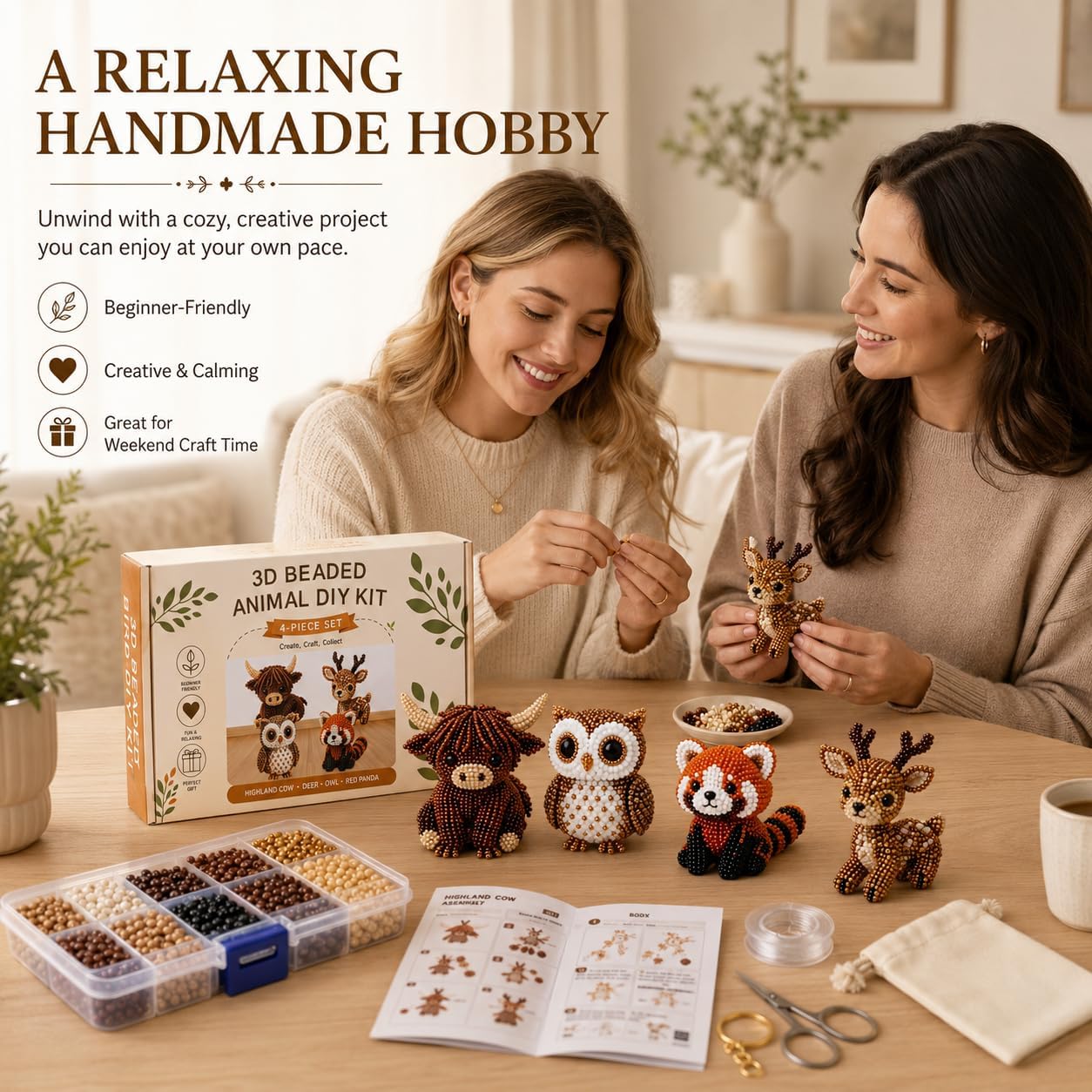 Voivey 3D Beaded Animal Kit, DIY Bead Craft Kit for Adults, 4 Designs