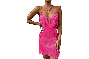Women's Sexy Sparkle Fringe Trim V Neck Bodycon Cami Mini Dress