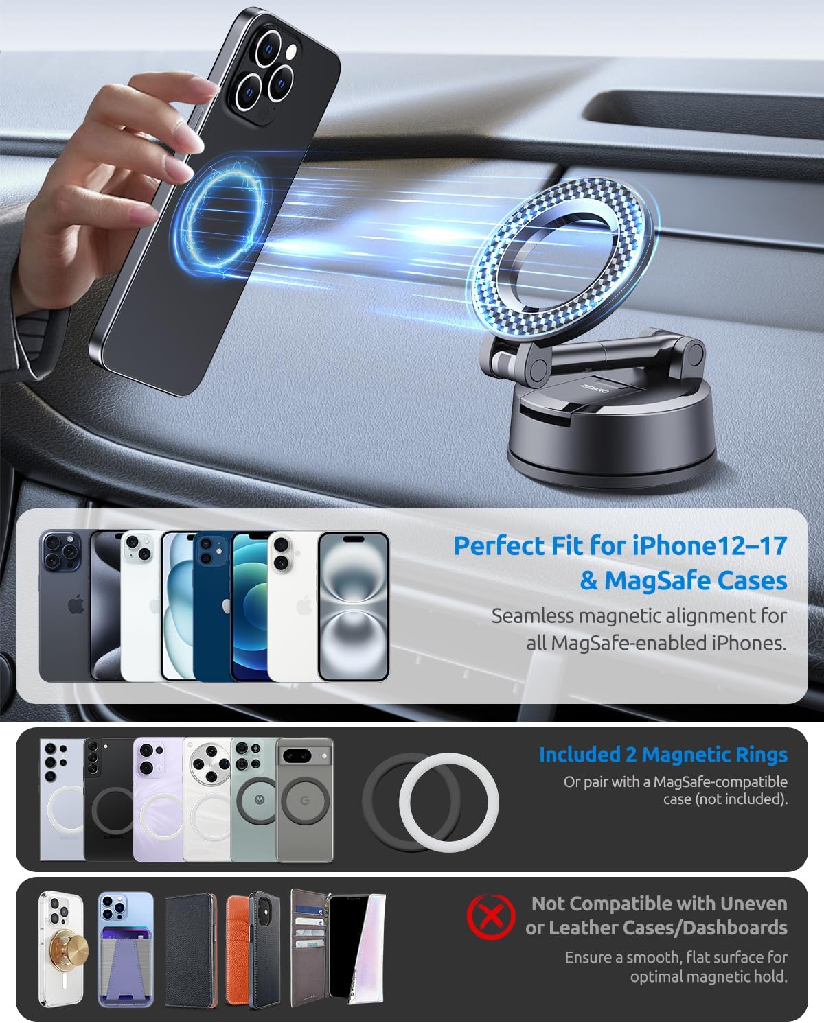 Vacuum Magnetic Car Phone Holder, 360°Adjustable, Compatible with iPhone 12-17 Series & Dashboard Mount & Tesla, 80+LBS Strong Suction Cup Phone Holders for Your Car, MagSafe-Compatible (Carbon Fiber)