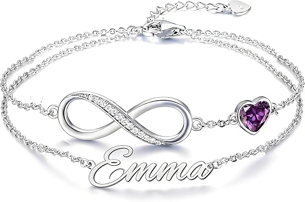 Personalized Infinity Heart Birthstone Bracelet with Name, Stainless Steel Adjustable Double-layer Bracelet for Women, Customized Gifts for Birthday Graduation Mothers Day