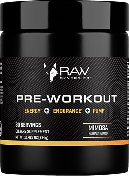 RAW Synergies Pre-Workout - دعم الطاقة المستدامة والقدرة على التحمل - الكافيين من مصادر طبيعية، إل-ثيانين، سيترولين وبيتا ألانين - تعزيز التركيز والمضخات والأداء - نكهة الميموزا - 30 حصة