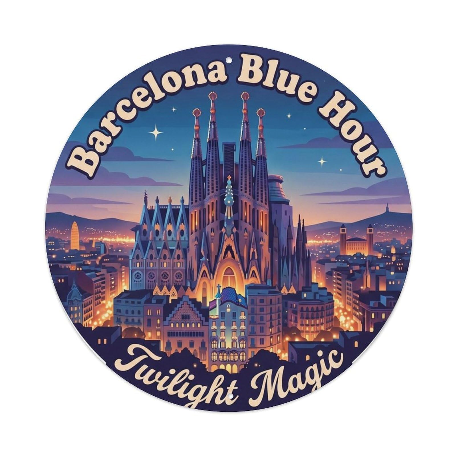 Classic Barcelona Catalan City Blue Hour Scenic Landmark Metal Tin Sign Plaque Wall Decor for Cafe, Man Cave, Club Bar, Office, Home Garden Round Metal Poster 8x8Inch