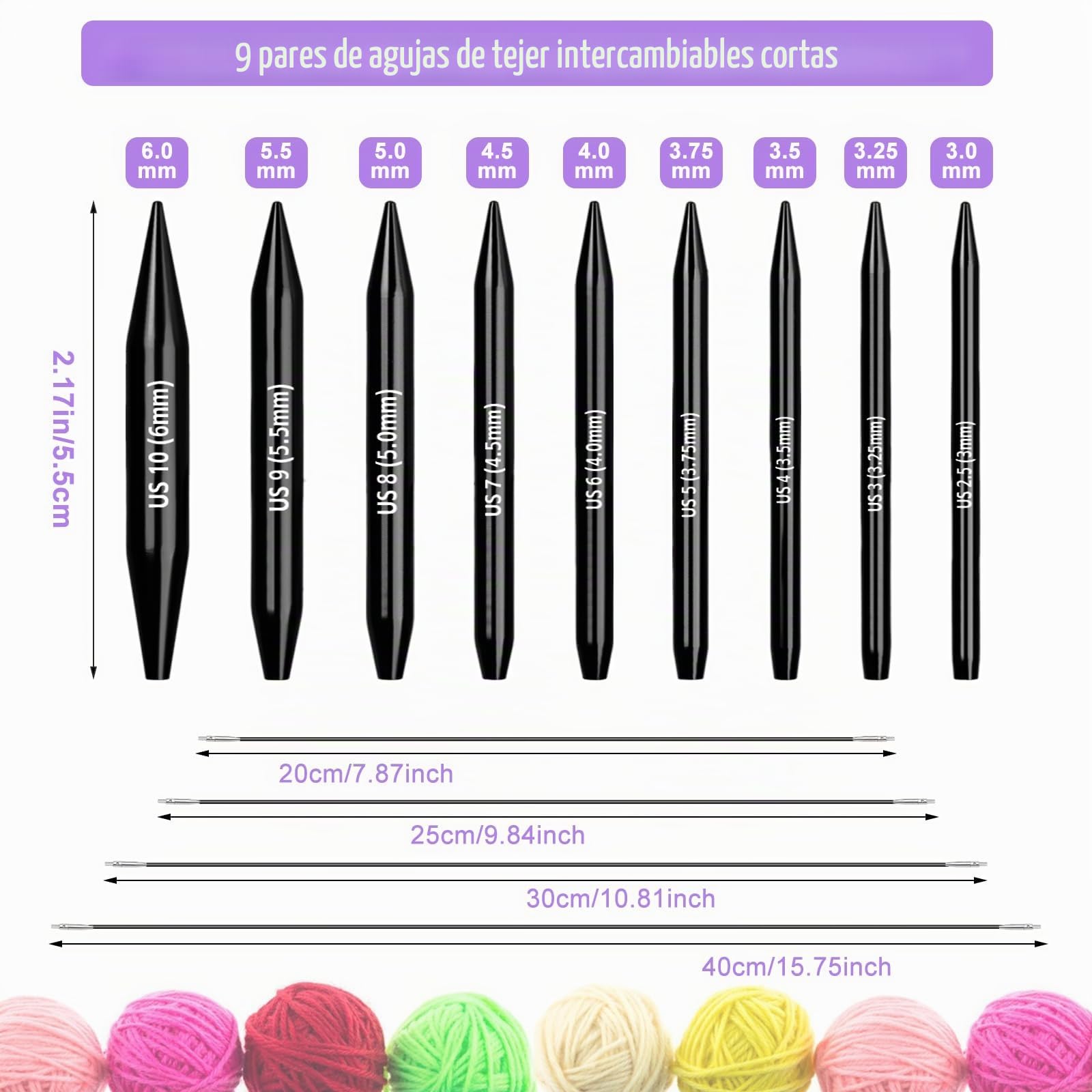 Coopay Juego de agujas de tejer cortas intercambiables, agujas de tejer circulares de 2 pulgadas para calcetines, 9 pares de agujas de tejer intercambiables de 3 mm a 6 mm, aguja de tejer redonda con
