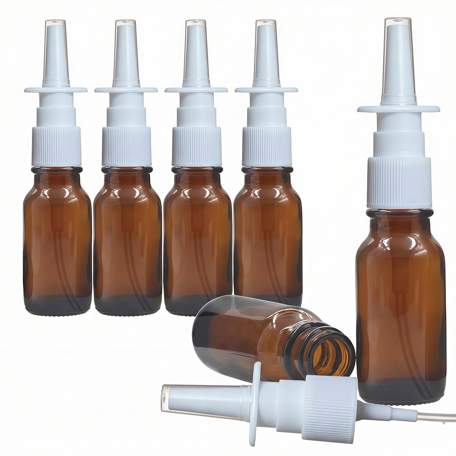 6 Pcs (15ml/0.5oz) Amber Round Empty Glass Nasal Spray Bottle with Press Spray Head Refillable Portable Fine Mist Sprayers Atomizers Containers Pot