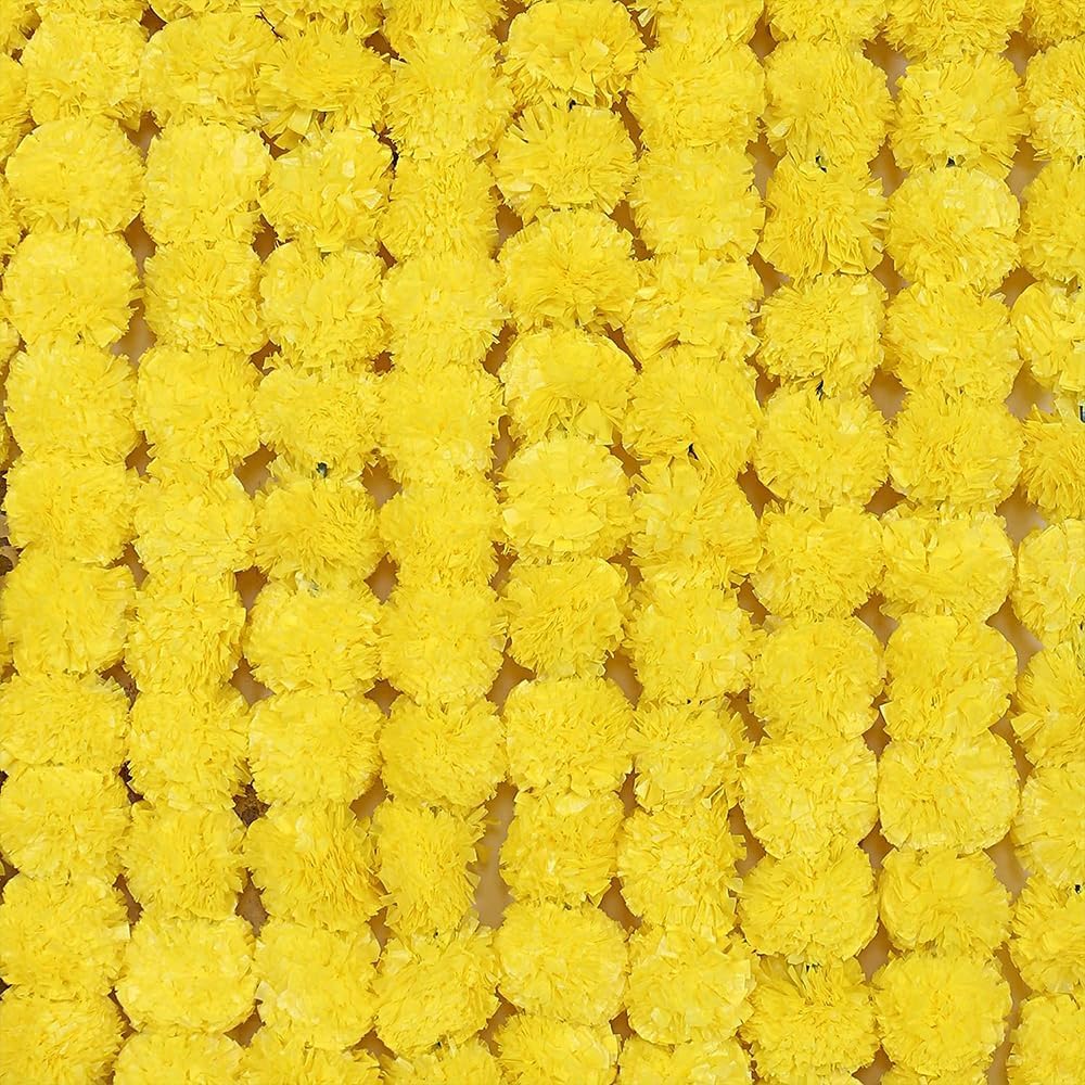 One Best Deal Lemon Yellow Obd 5 X Artificial Marigold Flowers Faux Garland Flowers 5 Feet Indian Marigold Garland For Diwali Pooja Decoration Traditional Wedding Home Mehndi Decor & Outdoor Party (Lemon Yellow)