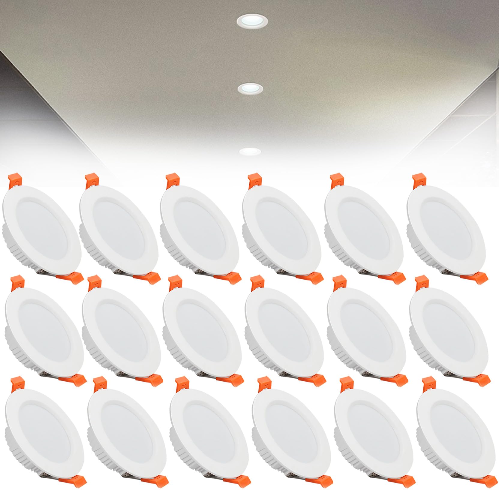 9W LED Recessed Ceiling Spotlights, 6000K Cold White Ultra Slim Panel Light, Cut Φ90-100mm, AC110-240V Round Downlights for Living Room Office, 18 Pack