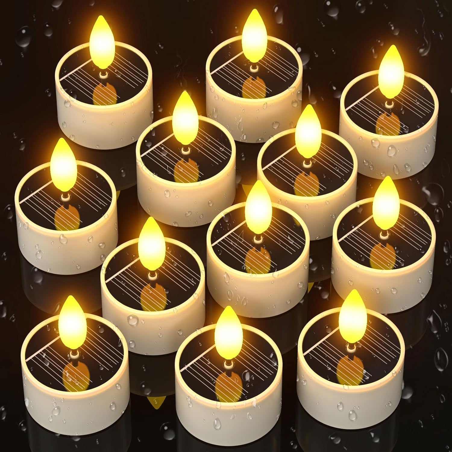 Solar Tea Lights Outdoor, 12 pcs 1.5" D x 2.1" H Waterproof LED Flickering Small Tealight Candles, Auto Light Up at Night, Flameless Battery Candle for Lanterns Patio Garden Camping Decor