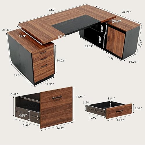 Miniatura 2 de Escritorio ejecutivo en forma de L con cajones, escritorio grande de oficina en casa de 78 pulgadas con toma de corriente y archivador lateral, mesa