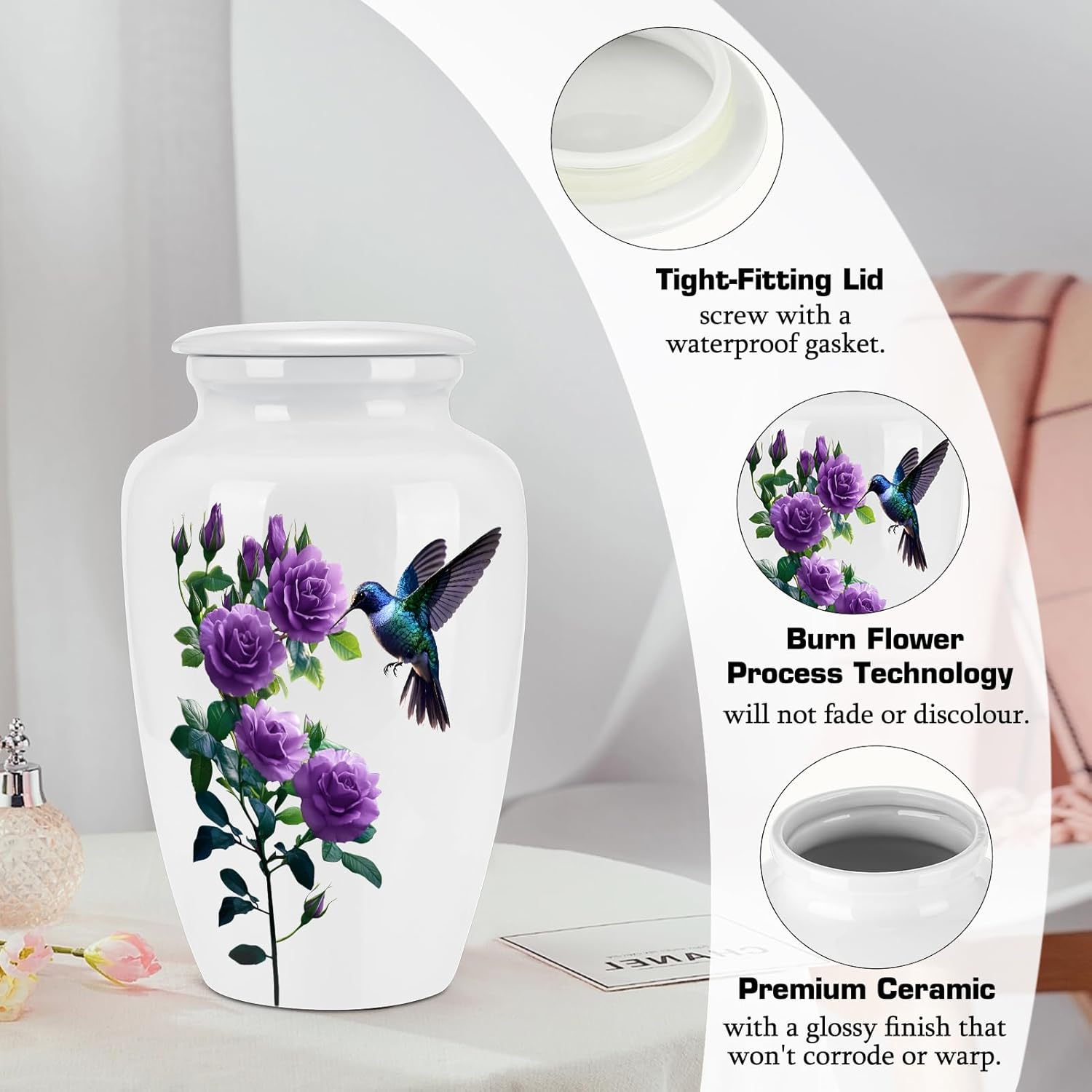 Abooxiu 10 Inches Cremation Urns for Human Ashes Adult Male Female, Ceramic Keepsake Urn Hummingbird Decorative Burial Urn Memorial Funeral Ashes Keepsake - Up to 200 lbs - Image 3