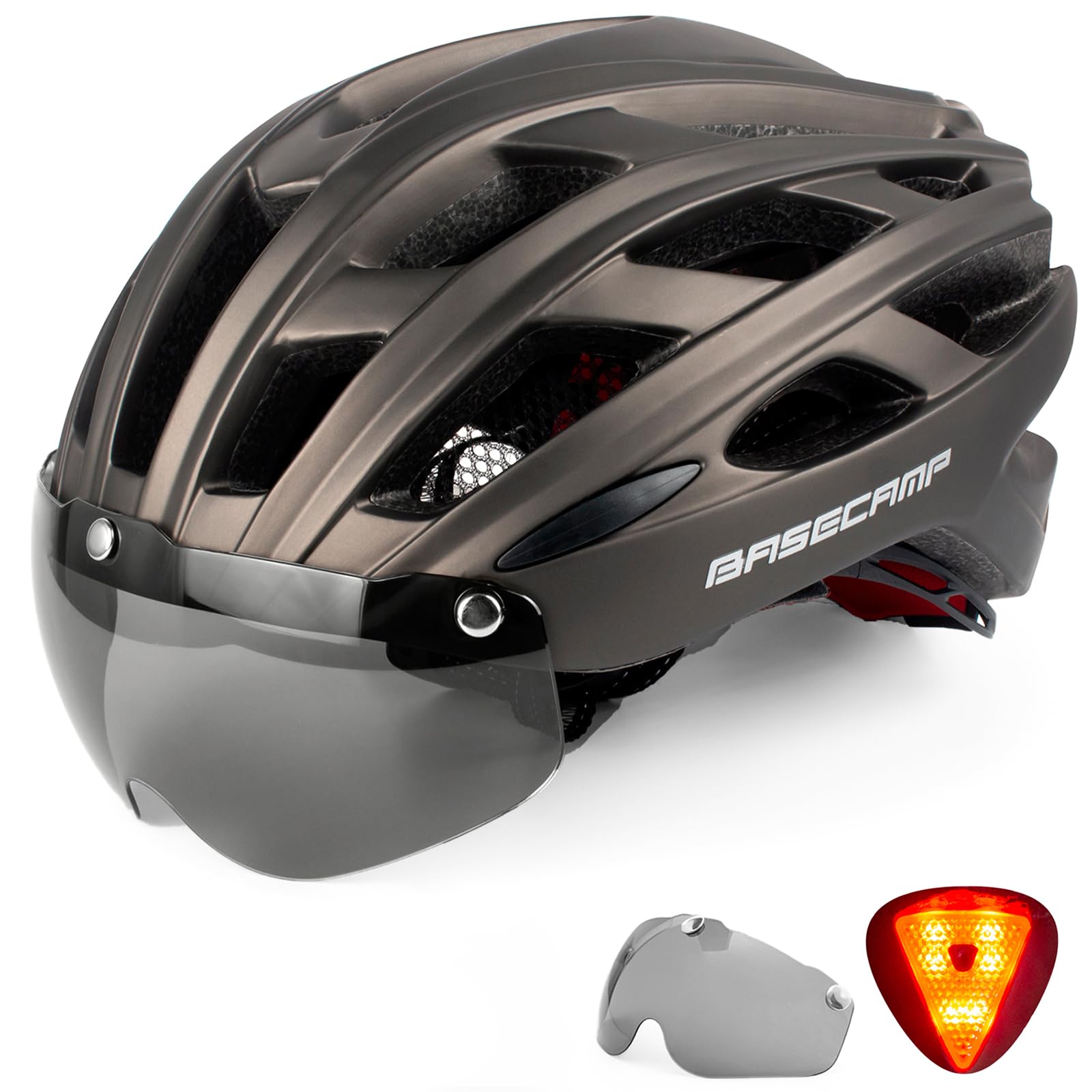 basecamp bike helmet visor Helmet, Bicycle with Rear Light & Detachable Magnetic Goggles Lightweight Cycling Helmet Adjustable for Adult Men Women Mountain & Road (BC-069) : Sports & Outdoors Kids Activity Portable Backpack Lightweight Cycling First to close up Color:Anthracite Black