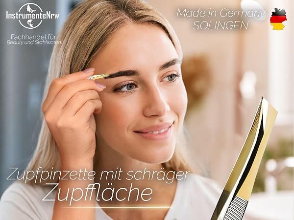 Zupfpinzette Pinzette aus Solingen Made in Germany Augenbrauenpinzette für die Gesichtspflege zum Zupfen von Augenbrauen, Barthaaren oder kleinen Härchen für Damen und Herren (Schräg/Vergoldet) - 2