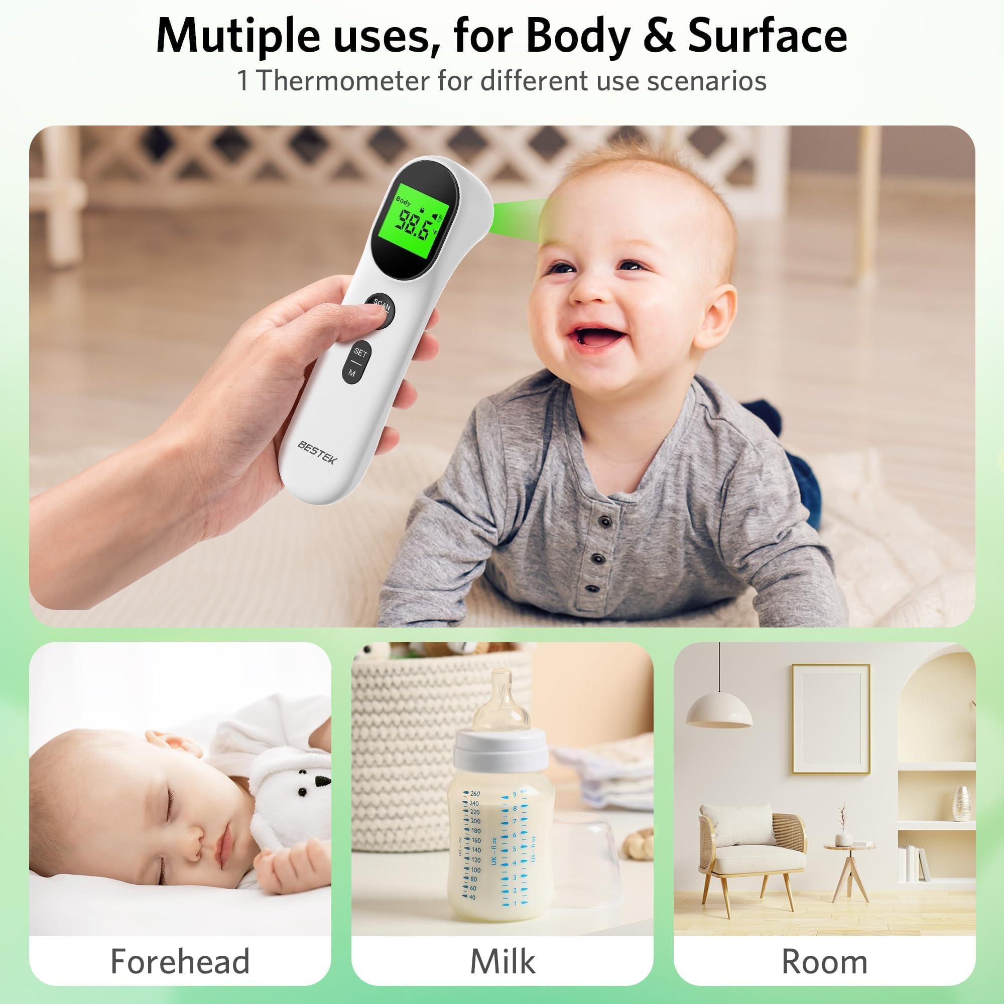 BESTEK Termometro Febbre Infrarossi Senza Contatto per Bambini e Adulti Bambini,Termometro Neonato Frontale Digitale Lettura Istantanea in 1 Secondo, Accesso Rapido alla Memoria, Display LCD