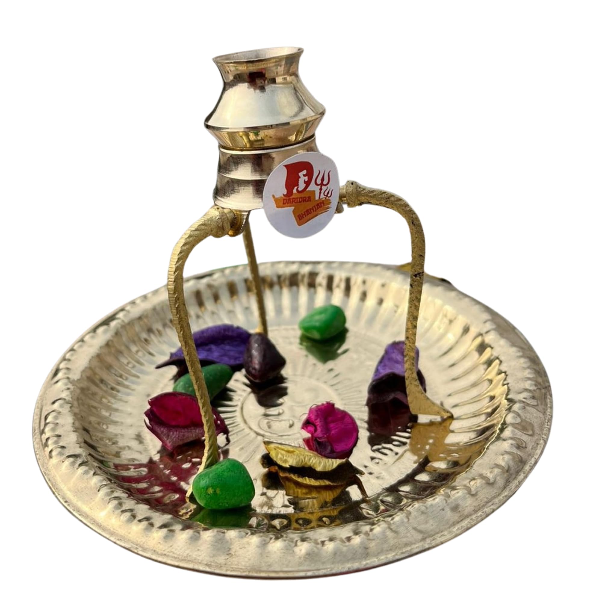 Abhishek Lota Kalash Plate & Brass Plate, Brass shivling Stand,Pooja Plate Thali with Abhishek Lota Kalash, shivling Stand with Kalash, Shivling Stand and Abhishek Lota Kalash (LxBxH = 14x8x13) cm