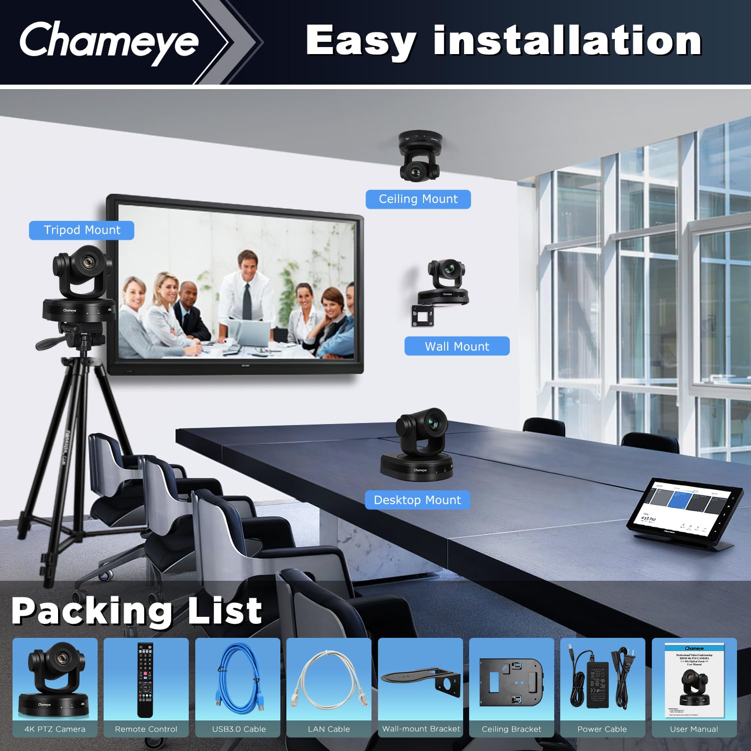 Chameye 4K PTZ Telecamera con 10x Zoom Ottico AI Tracciamento USB3.0/HDMI/LAN(PoE), Registrazione della scheda TF, Telecamera per Conferenze e Streaming YouTube/OBS (C410)