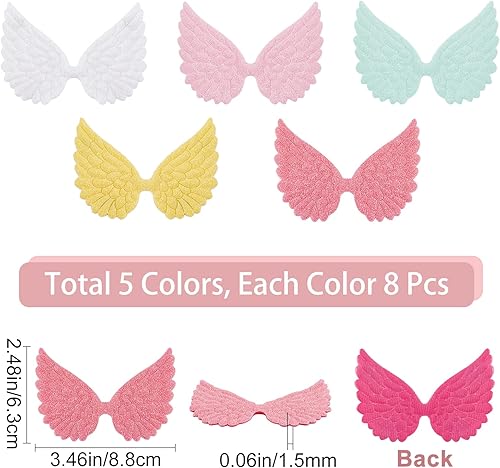 Miniatura 2 de GORGECRAFT 40 piezas de 5 colores con purpurina alas de ángel de tela en relieve iridiscentes mini parches de alas con lentejuelas aplique