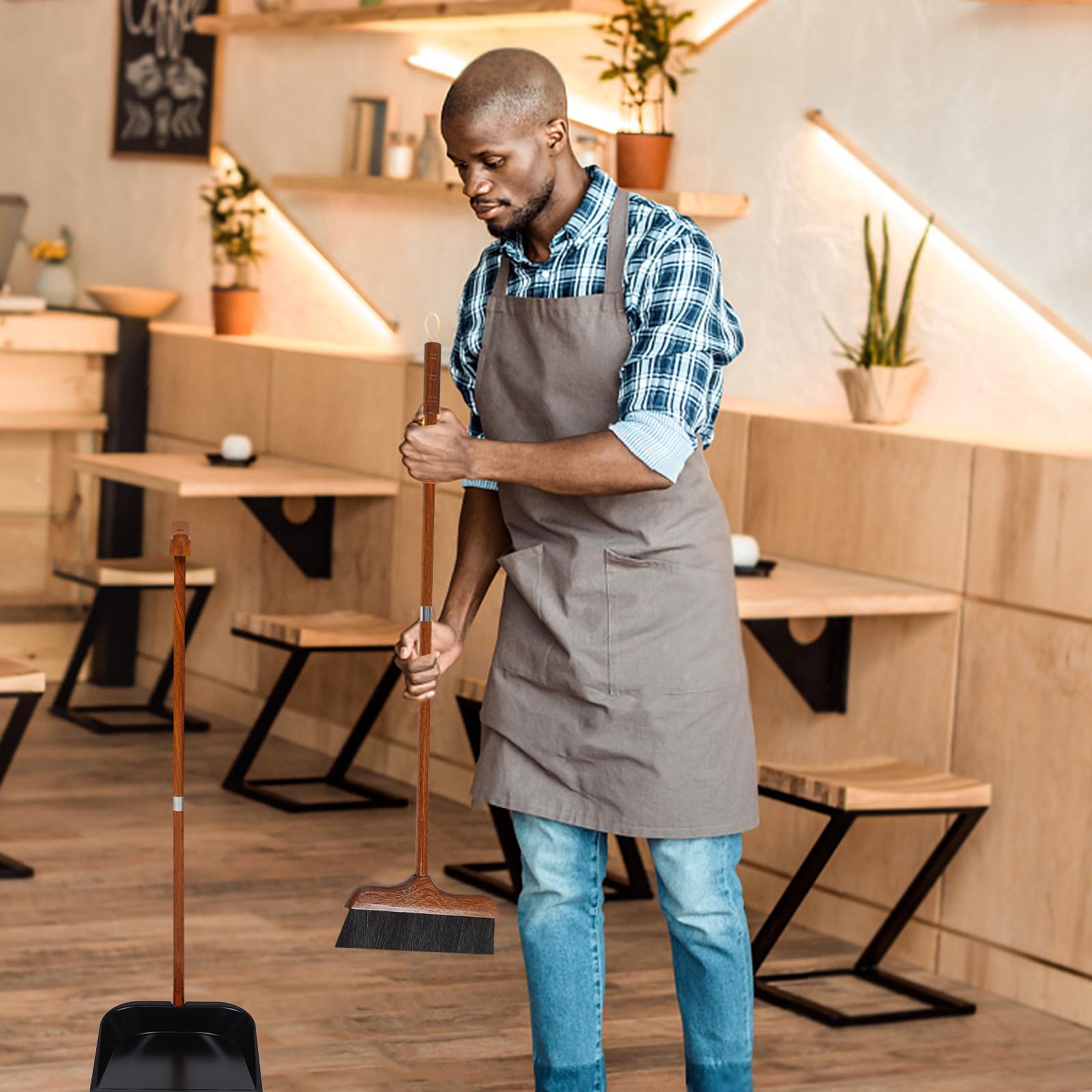 Recogedor de Mango Largo de Madera y Crin de Caballo para Limpieza | Escoba con Recogedor, Juego de Escoba y Recogedor de Pie, para Salón y Cocina, Limpieza Suave