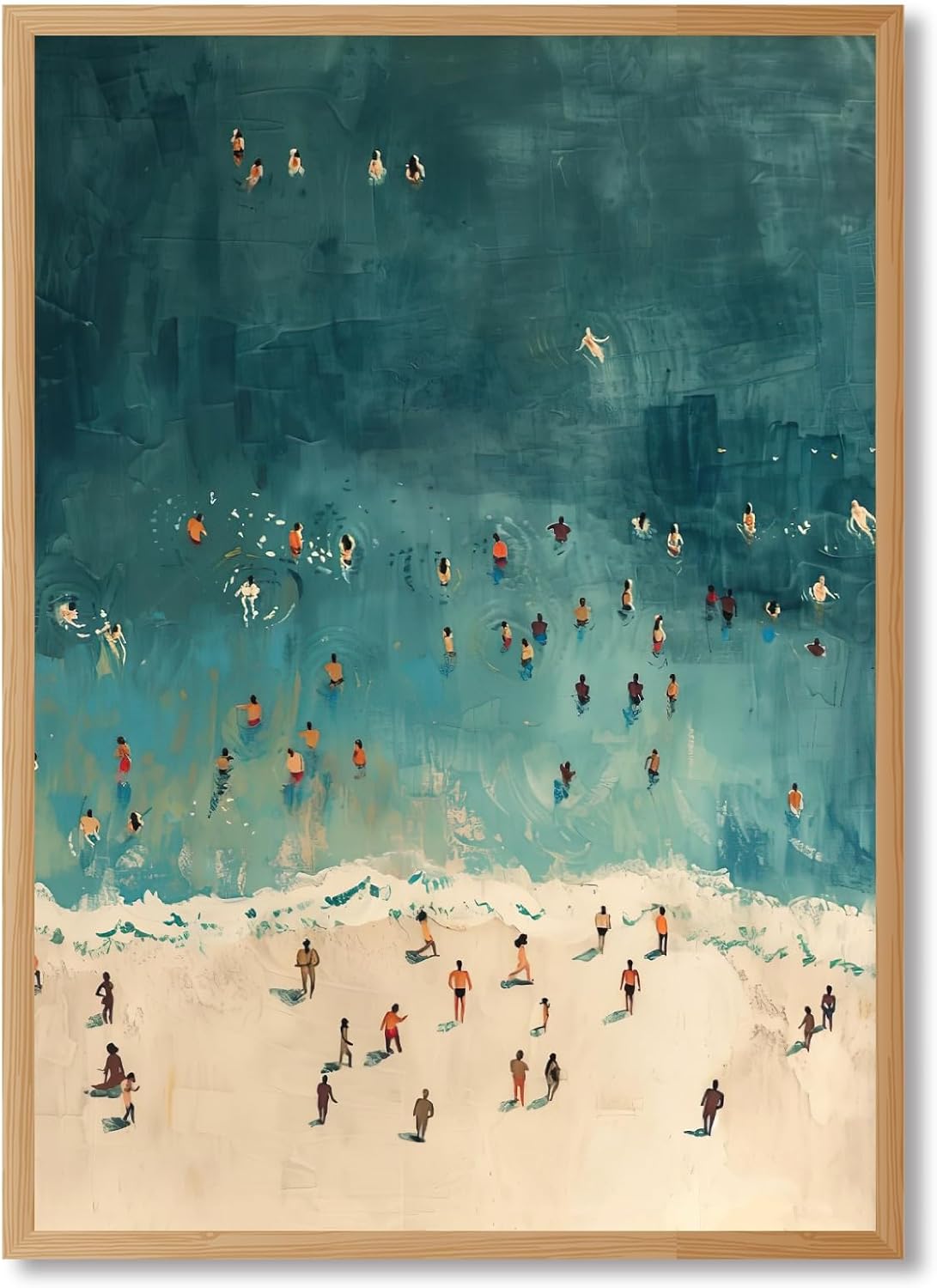 Large Framed Aerial Beach Crowd Canvas Wall Art Impressionist Ocean Scene Oil Painting Poster Abstract Summer Vacation Coastal Artwork Swimming Blue Prints for Bedroom Home Decor 24x36inch
