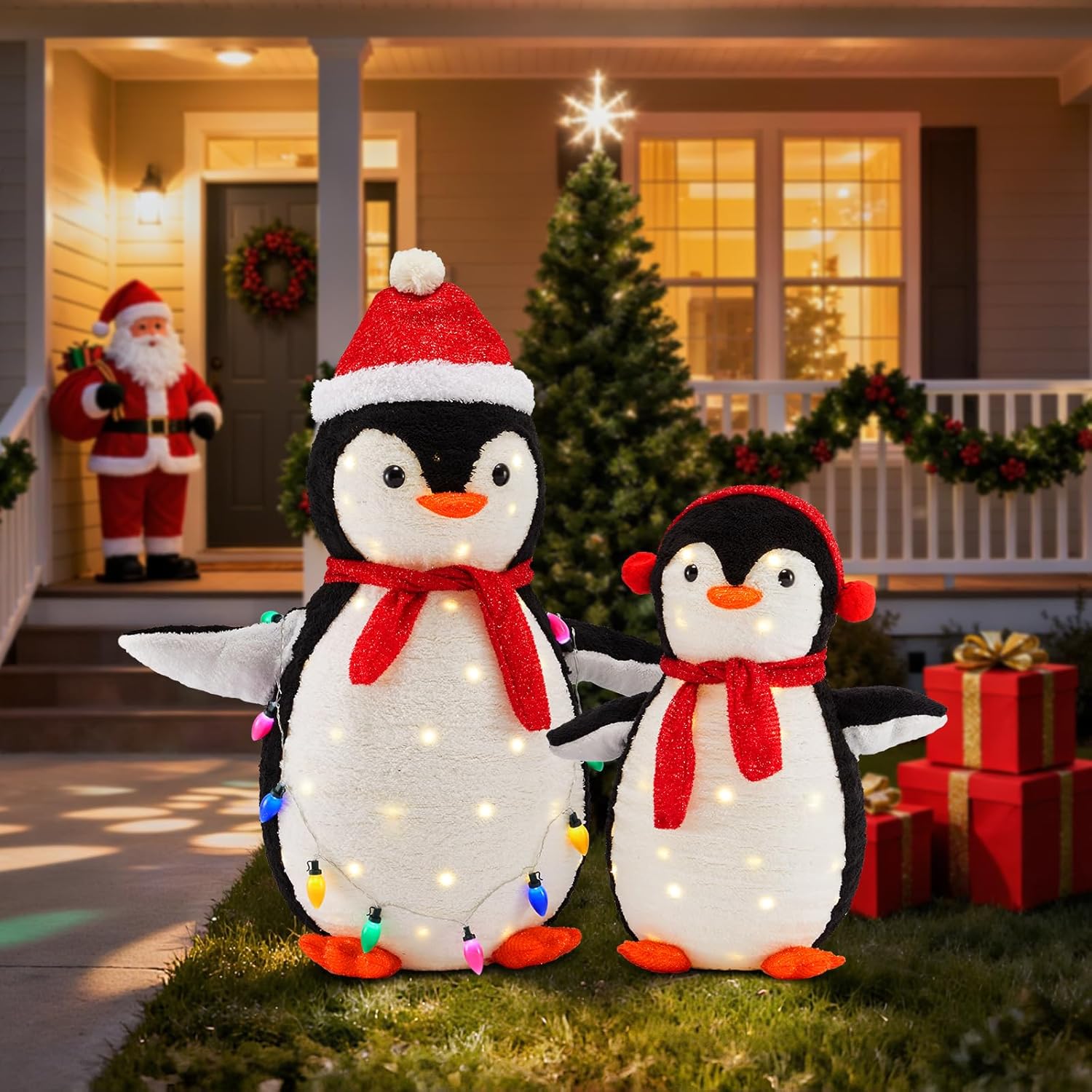 Hexago 2-Piece Lighted Penguin Family with 150 LED Lights, Collapsible Pop-Up Holiday Display, Weather-Resistant Outdoor Christmas Yard Decoration