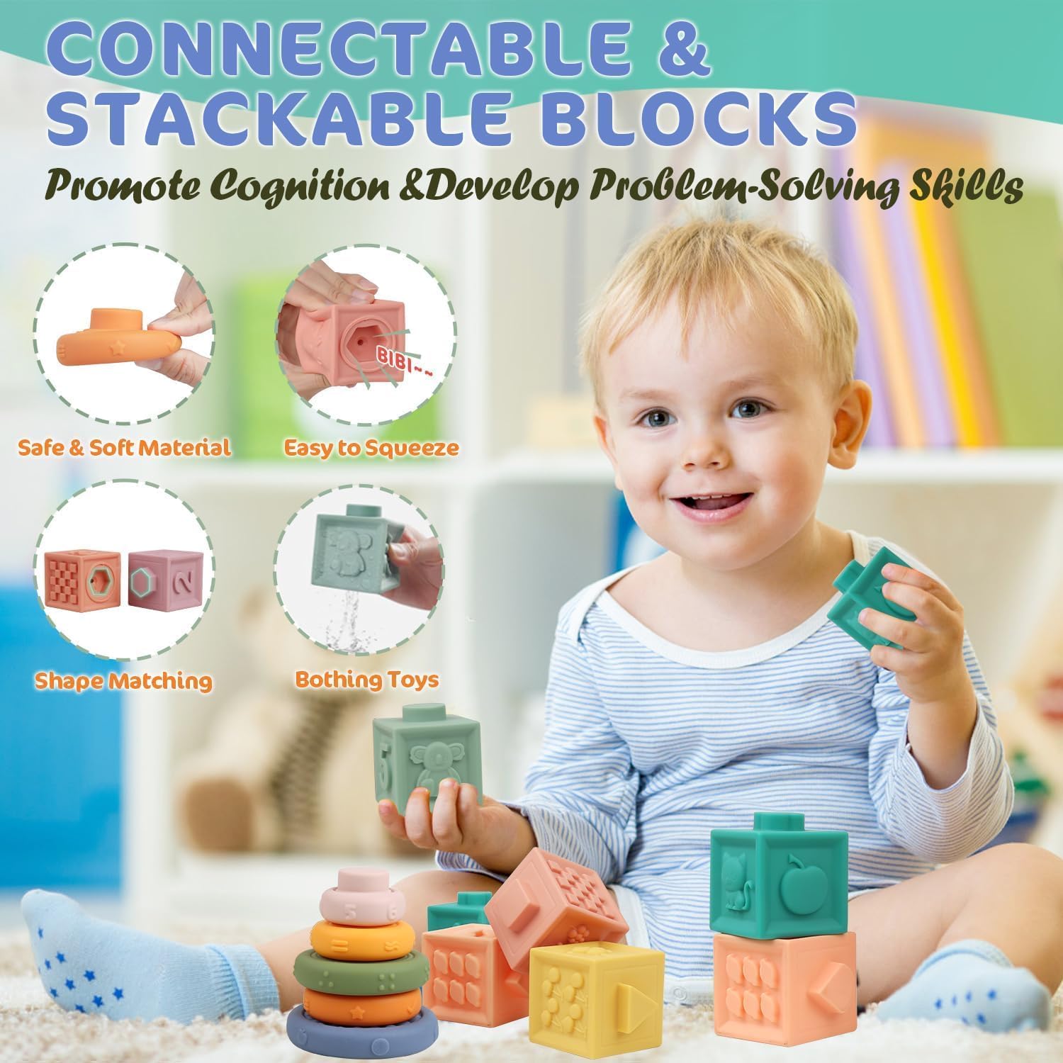 3 in 1 Montessori Toys for 6-12 Months, Educational Learning Bath Toys for 3-6-9-12 Months, Stacking Building Blocks & Soft Baby Pulling Teething Toys & Ring Stacker & Cube Shape Sorter