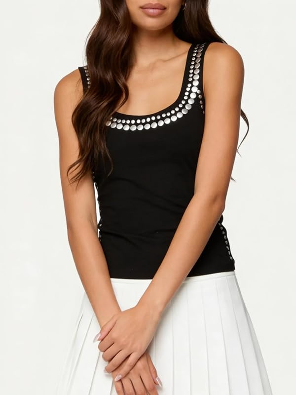 NUFIWI Women Studded Tank Top Silver Rivets Trim Crop Top Sleeveless Sexy Going Out Tops Trendy Streetwear(Basic Black,S) by NUFIWI - Used condition - Image 8