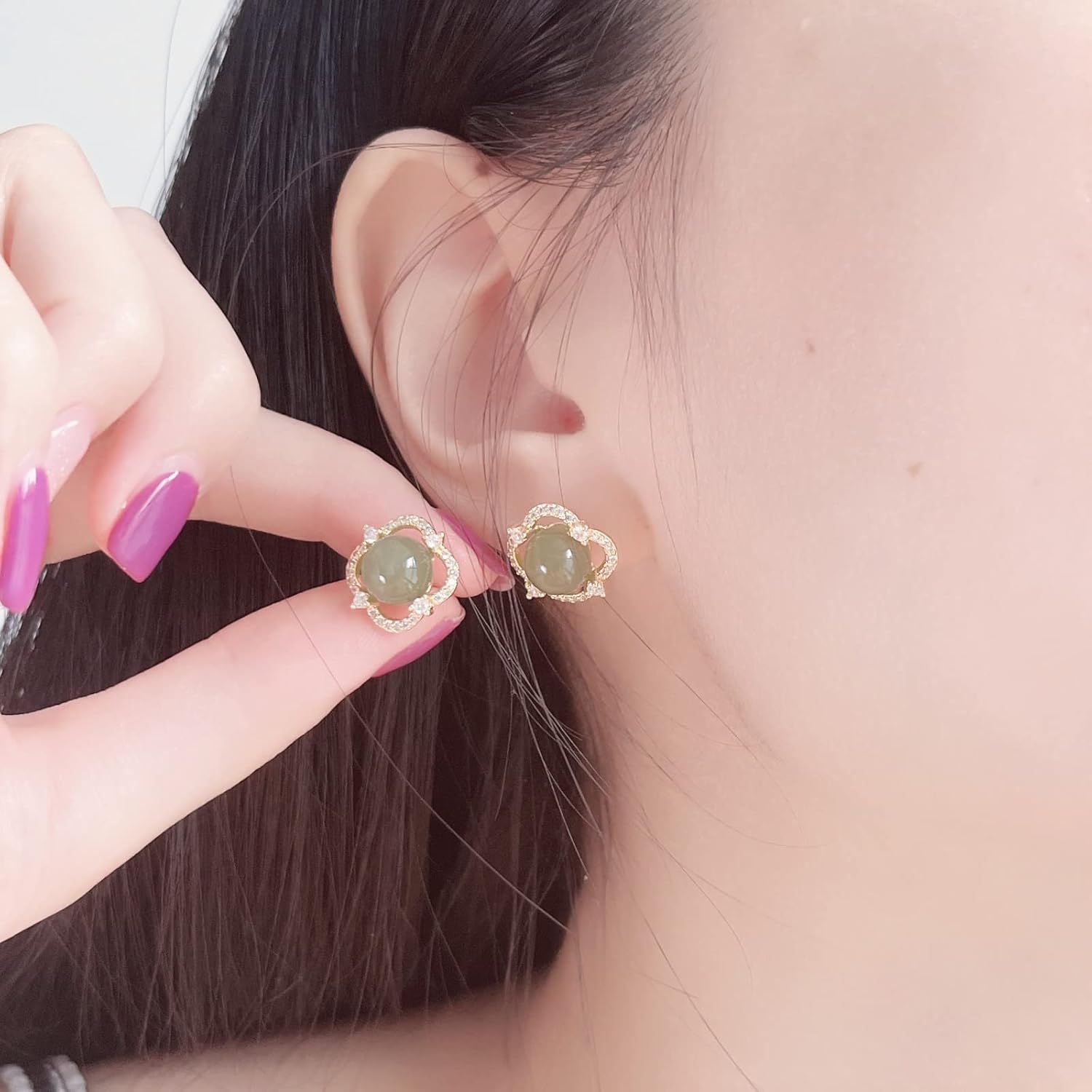 Natural Hetian Jade & Zircon Earrings for Women, Dainty Lucky Green Jade Square Charm Pendant Jewelry Studs, Handmade Stud Earrings for Mom Lover Her (925 Sterling Silver with Gold Plated) - Image 3