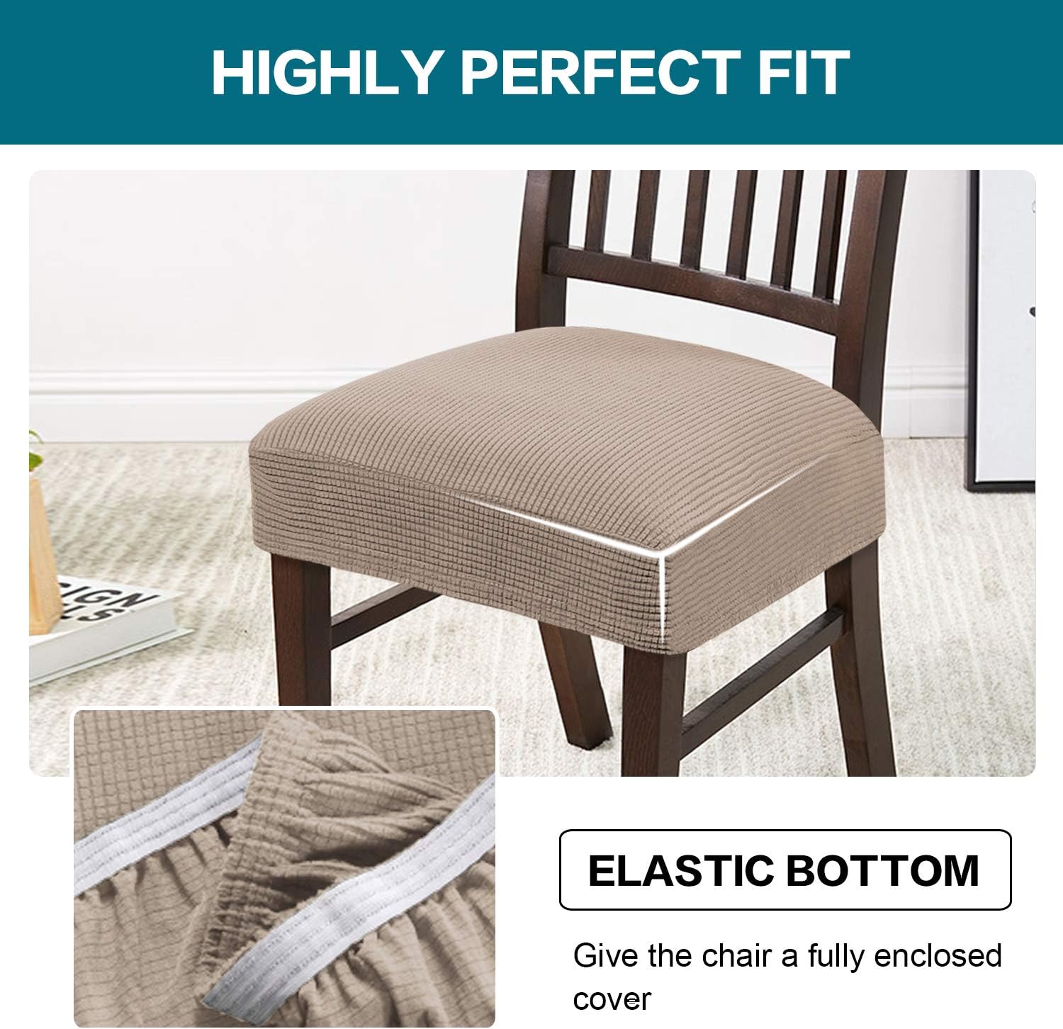 Turquoize Stretch Dining Chair Covers Seat Covers for Dining Room Chair Covers Set of 4，Removable Washable Kitchen Chair Seat Cushion Slipcovers Protector, Khaki