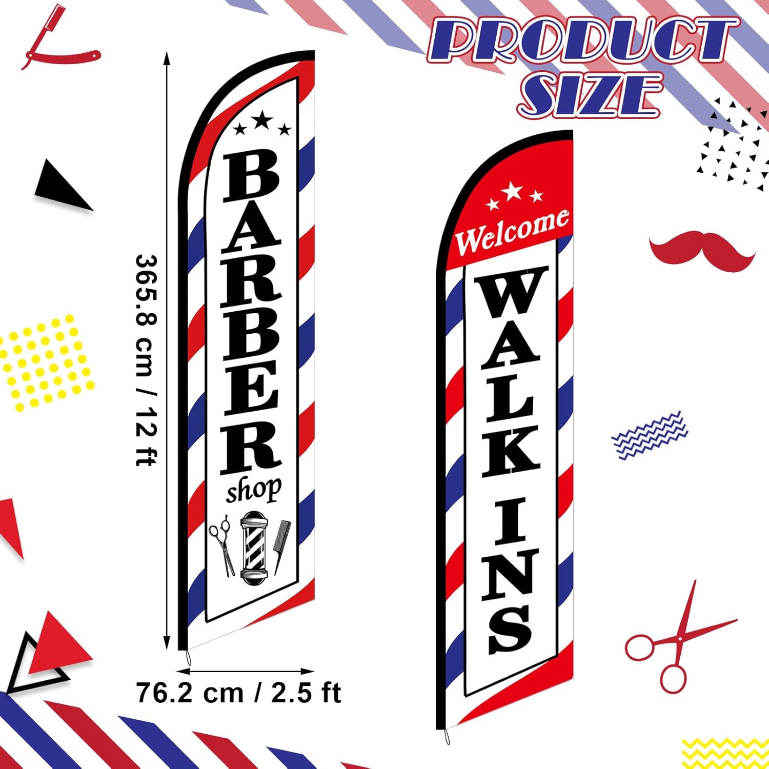2 Pcs Barber Flag for Outside Barbershop Themed Swooper Flag Open Feather Barber Sign Welcome Banner for Salon Business Outdoor Advertising Outside(NOT INCLUDE POLE KIT)(12 x 2.5 ft)