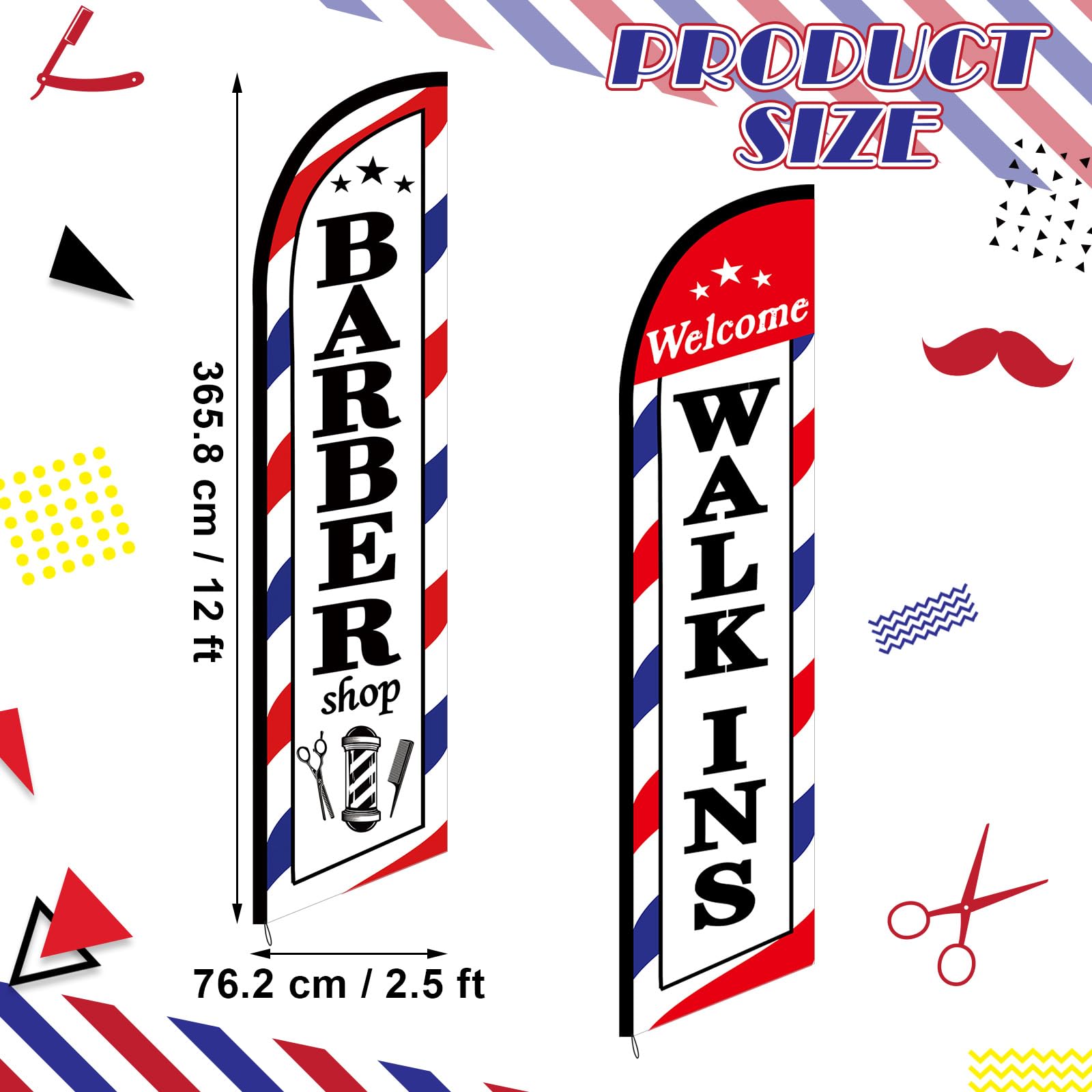 2 Pcs Barber Flags for Outside, Barbershop Banner, 12 x 2.5 ft