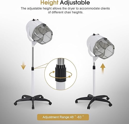 Miniatura 7 de BarberPub Secador de capó de pelo con capucha de 1300 W con soporte, base rodante de pie de altura ajustable, equipo de salón de belleza con
