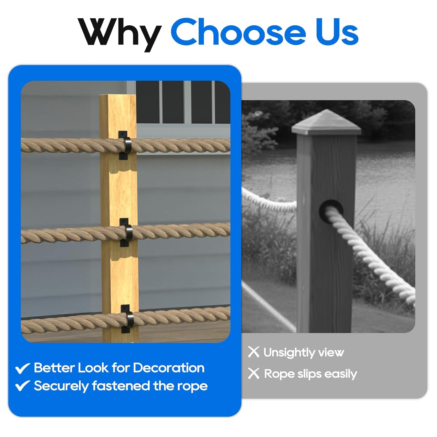 4 Packs 2inch Black Rope Support Holder with Cross Screw Securing Rope Drop Ring Brackets Stainless Steel Decorative for Hemp Rope Fencing Stair Deck Railing Ceiling Hook