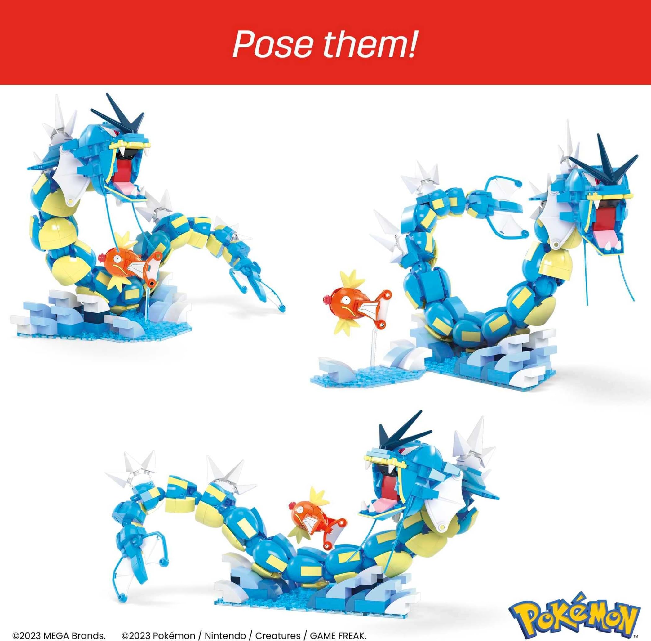 MEGA Pokemon Ewolucja Magikarpa Zestaw klocków (411 elementów), Gyarados (50 cm długości) do ustawiania w różnych pozach, HNT95