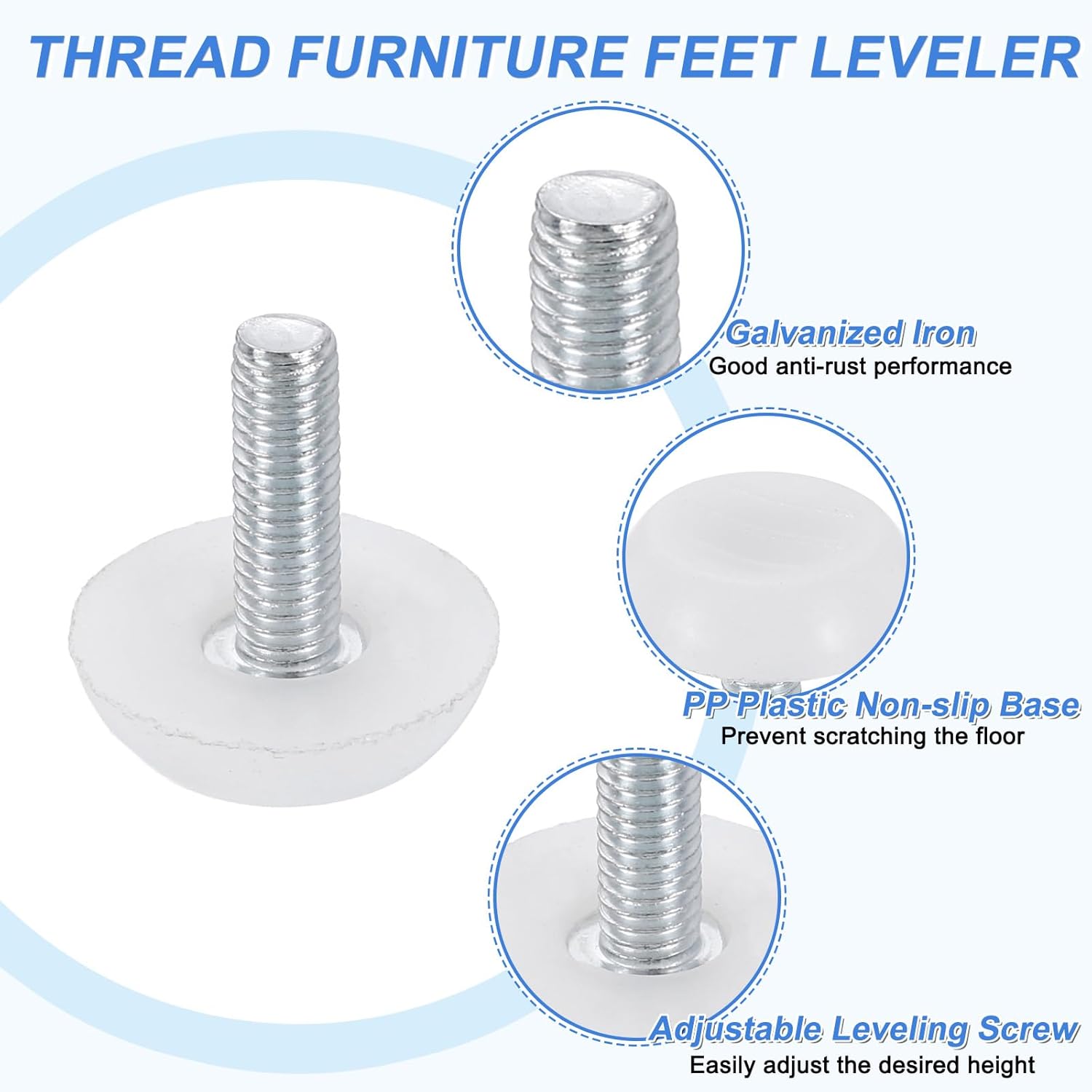12Pcs Furniture Levelers with M6 Thread, 23 x 20 mm Adjustable Legs for Tables, Furniture Sliders with Thread for Chair Legs and Stools, White
