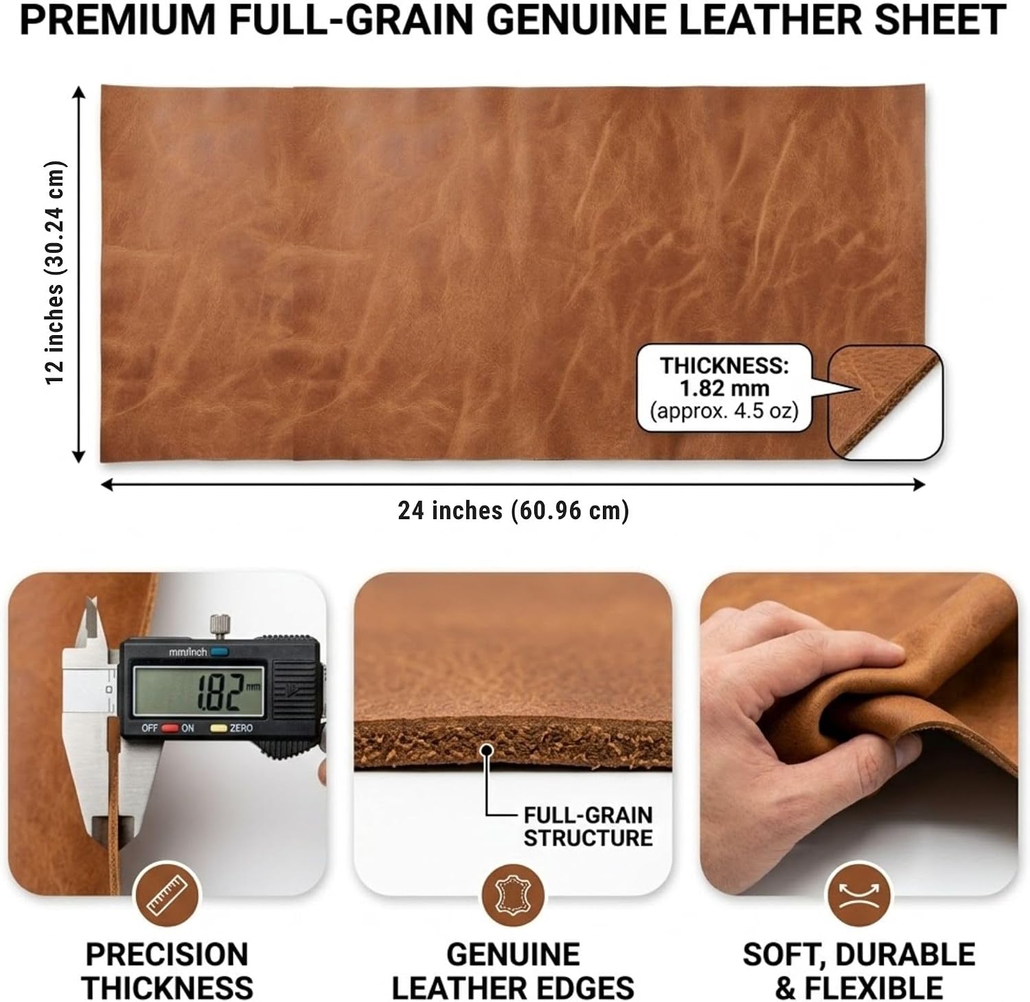 Full Grain Leather Sheet 12x24 Inch (1.8-2.0mm) - Premium Cowhide Square for Crafting, Tooling & Hobby Work (12X24)