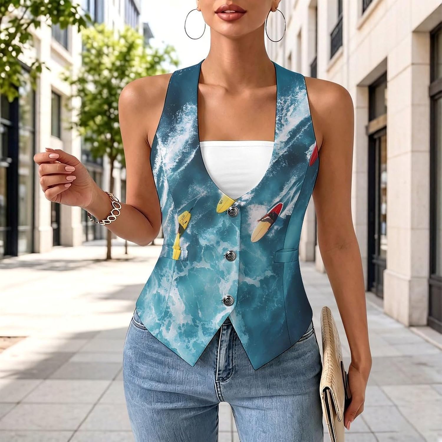 Surfers Surfing on Boards Women's Tuxedo Waistcoat Suit Vest | 3 Button V-Neck Slim Fit Casual Sleeveless Top
