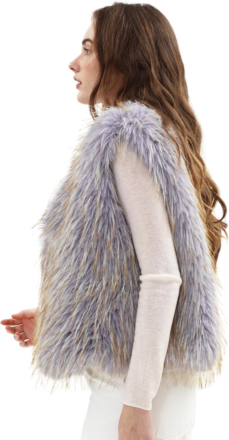 Amazhiyu Women's Faux Fur Crop Open Front Vest Coats Sleeveless Jackets Winter - Image 2