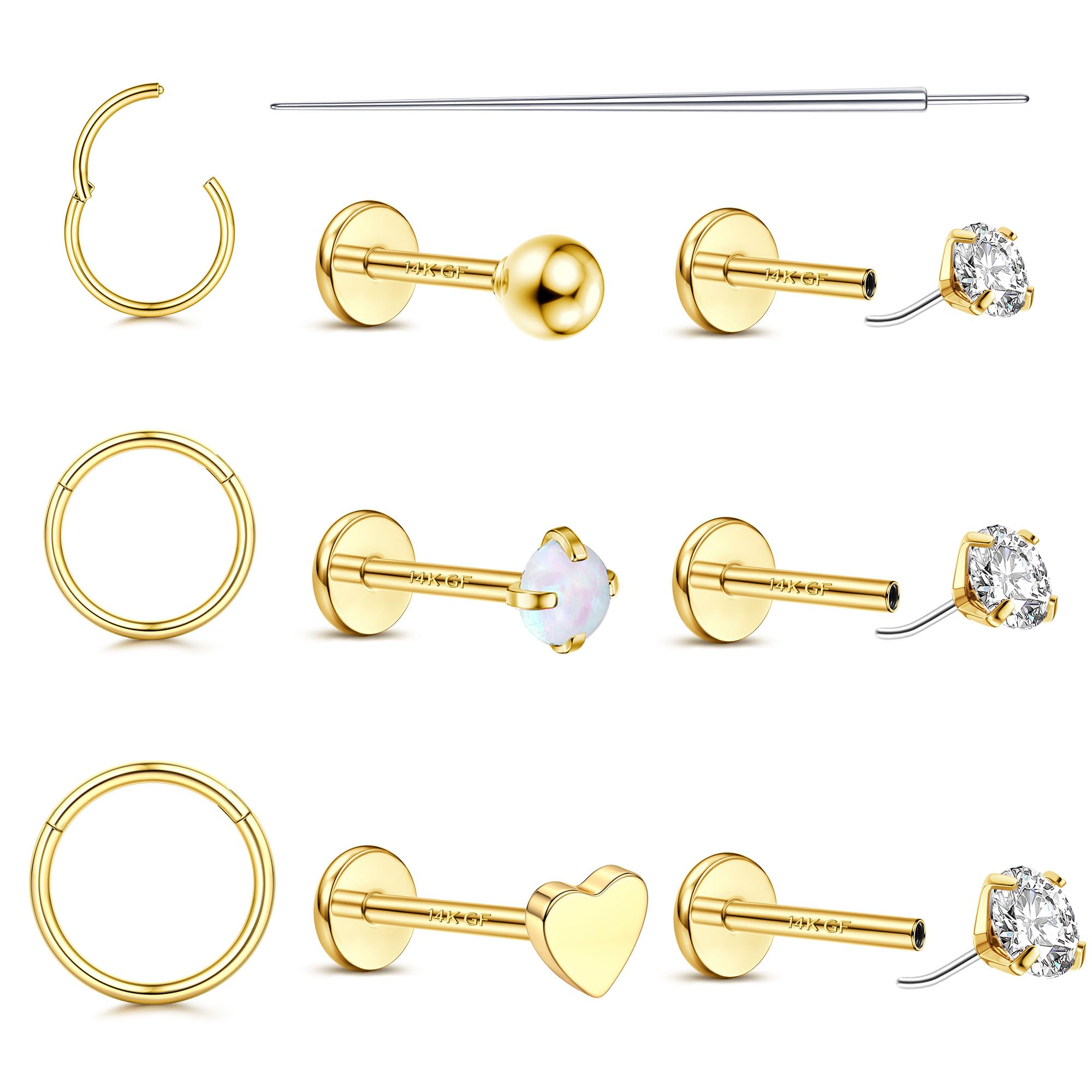 20G/18G Nose Rings Studs for Women Men - 14K Gold Filled Flat Back Nose Studs Nose Ring Hoops Hypoallergenic Surgical Steel Threadless Push in CZ Helix Tragus Conch Nostril Cartilage Piercing Jewelry