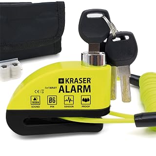 KRASER WA6Y Motorcycle Alarm Disc Brake Lock 110db Reeinforced, Waterproof, 6mm/0,24", 5ft Reminder Cable, Pouch, Universal Motorbikes Bicycles Scooters, Motorcycle Disc Brake Locks, Disc Lock Alarm
