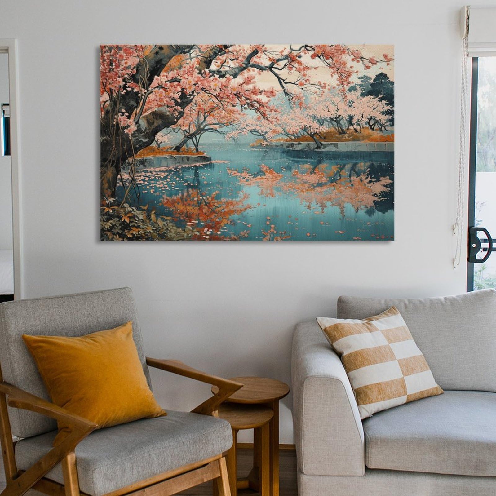 美品　風景画　絵画 インテリア Amazon.co.jp: 絵画 さくら公園と湖インテリア 絵画 美しい自然の風景