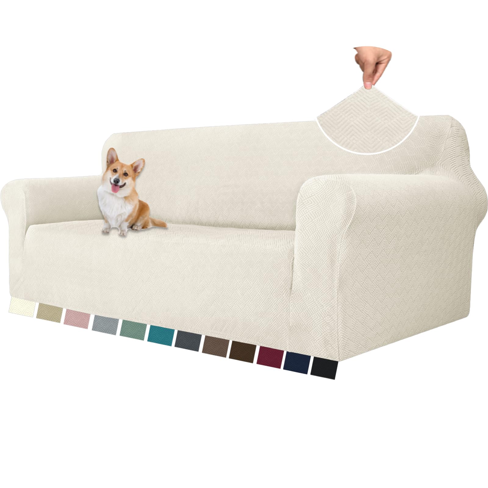 YSTELLAA Stretch Sofa Überzug 3 Sitzer, Sofaschoner rutschfest Mit Armlehne, Universal Jacquard Sofabezug, Dicke Sofabezug Für Hunde Katzen Und Haustiere, Waschbare Sofa Cover, CremeWeiß