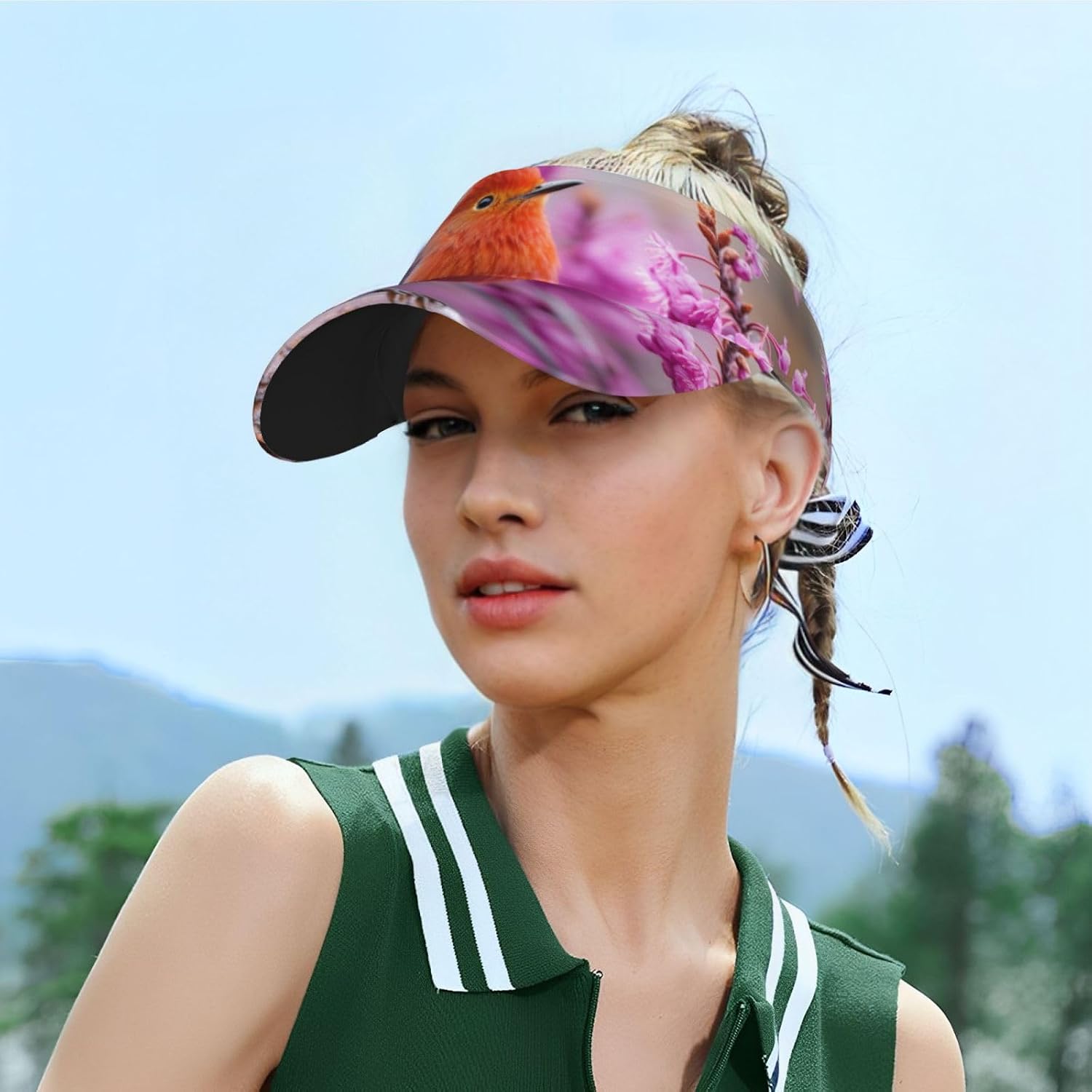 Spring Bird and Flowers Print Sport Sun Visor Hats Adjustable Empty Top Baseball Cap Women and Men Sun Visor Hat Black