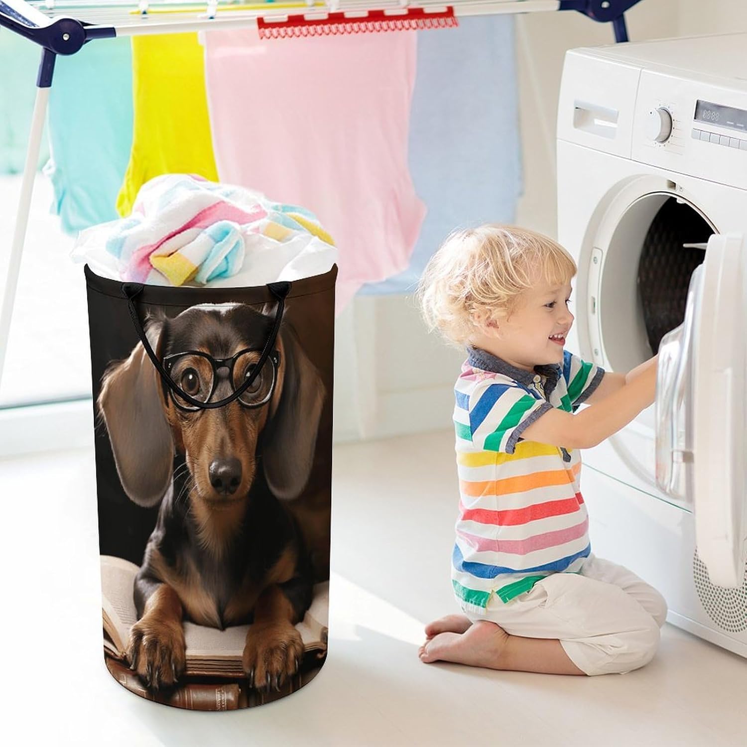 Dachshund Book Laundry Hamper with Handles Waterproof Collapsible Laundry Basket Large Lightweight Round Dirty Clothes Hamper for Home Dorm Bathroom Decor